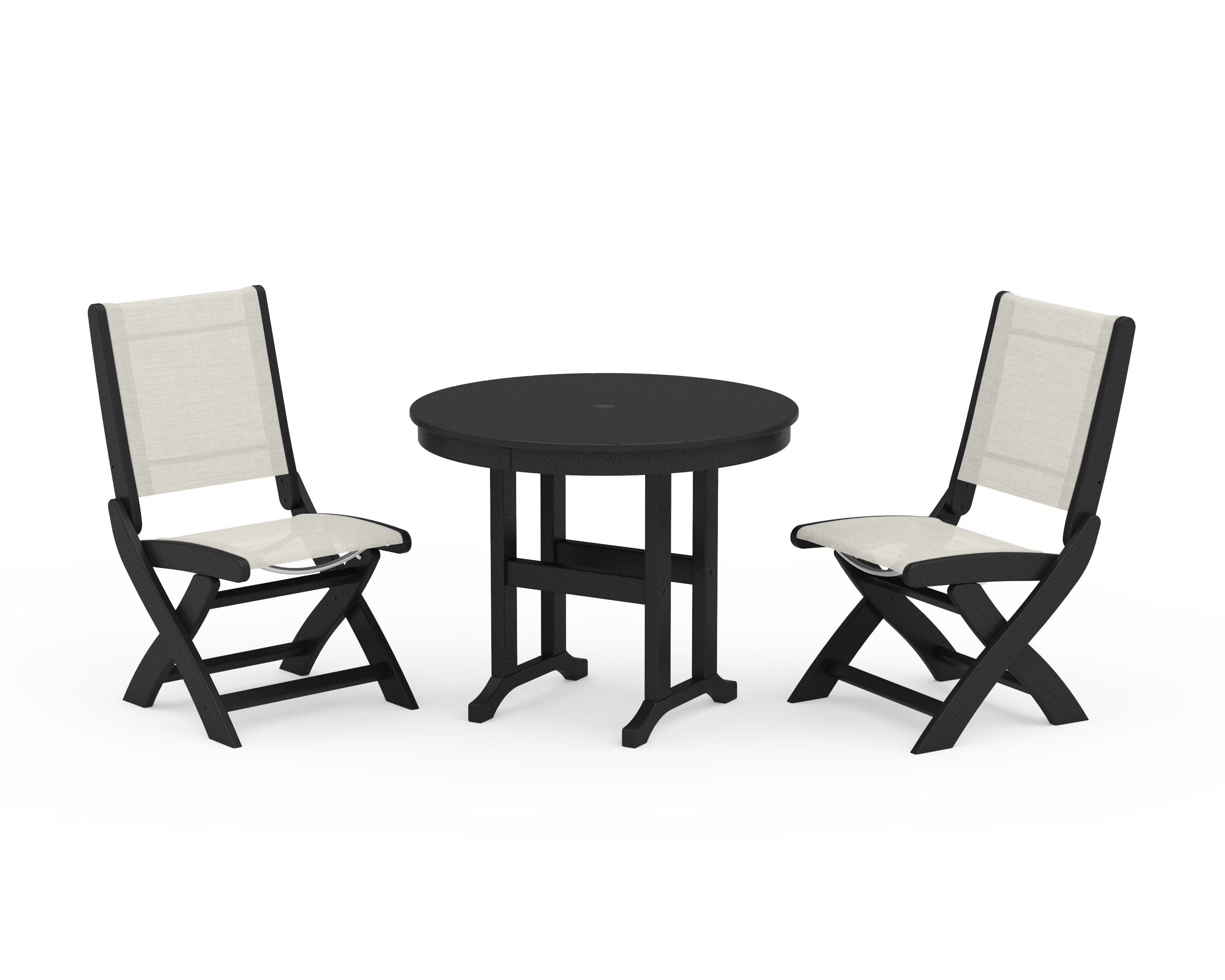 Coastal Folding Side Chair 3-Piece Round Dining Set in Black / Parchment Sling