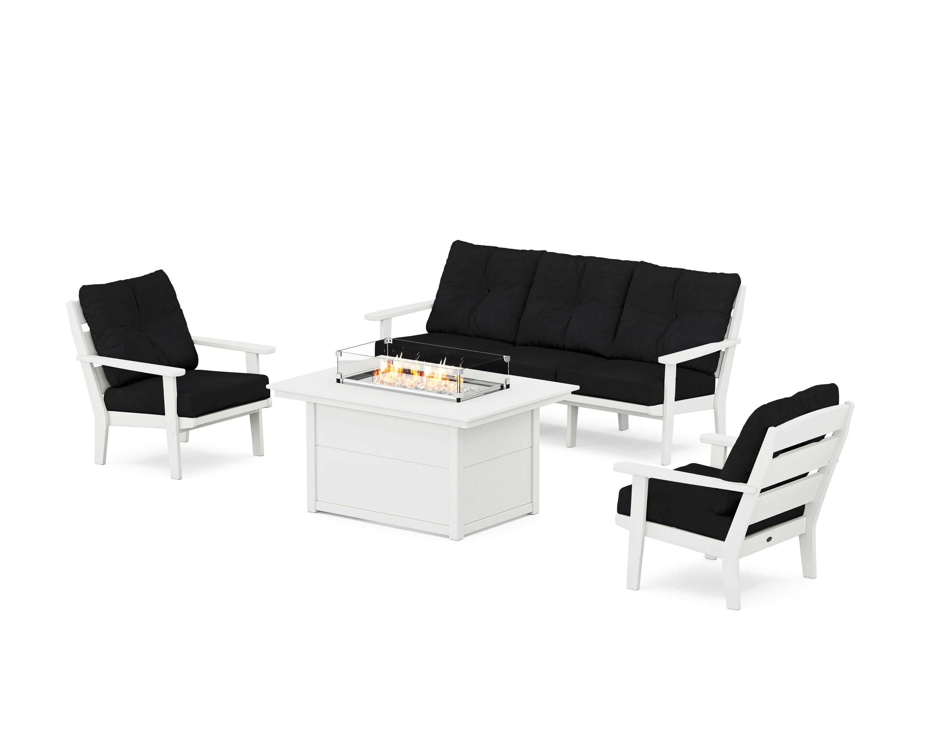 Lakeside Deep Seating Fire Pit Table Set in Vintage White / Midnight Linen