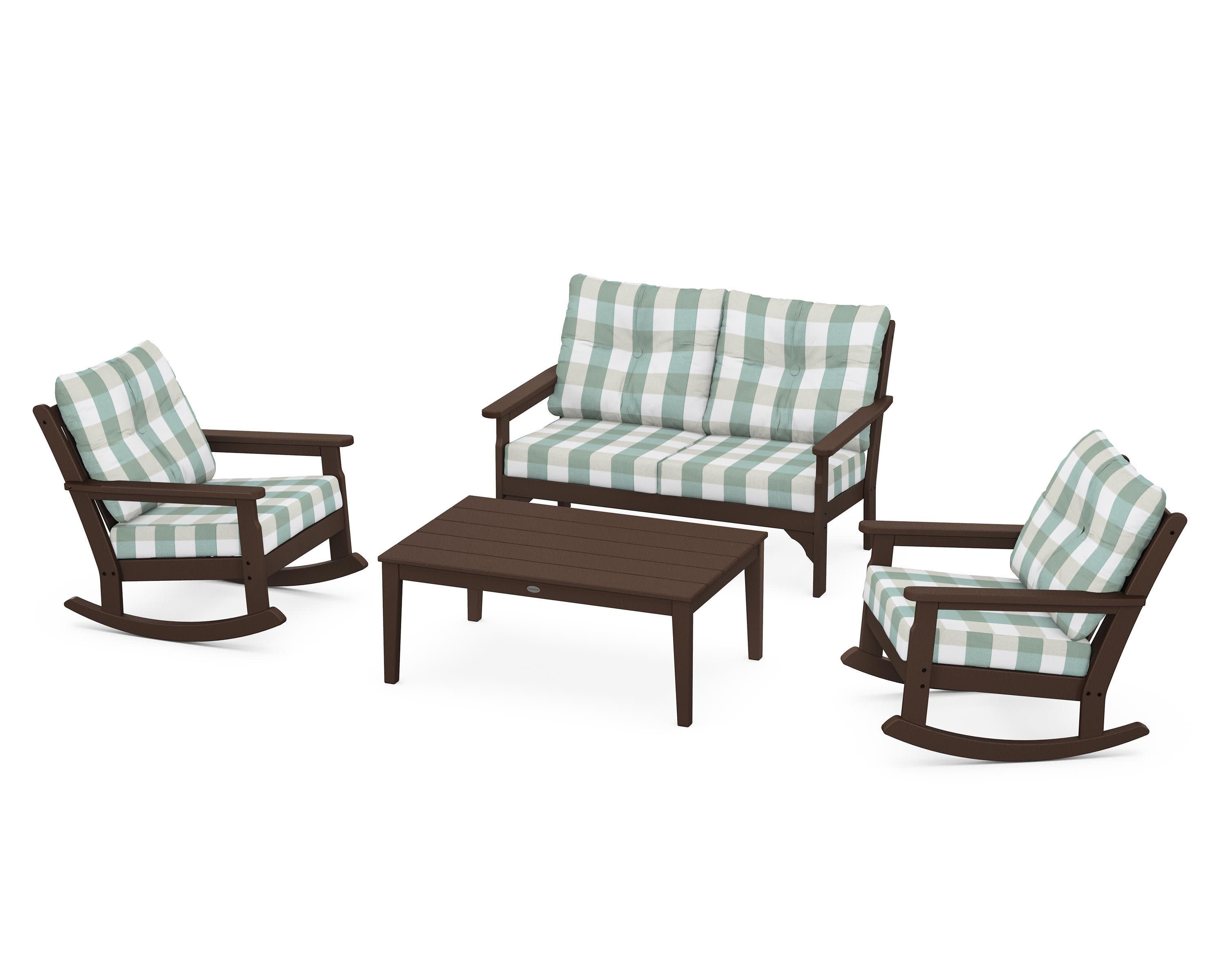 Vineyard 4-Piece Deep Seating Rocking Chair Set in Mahogany / Buffalo Plaid Glacier Spa