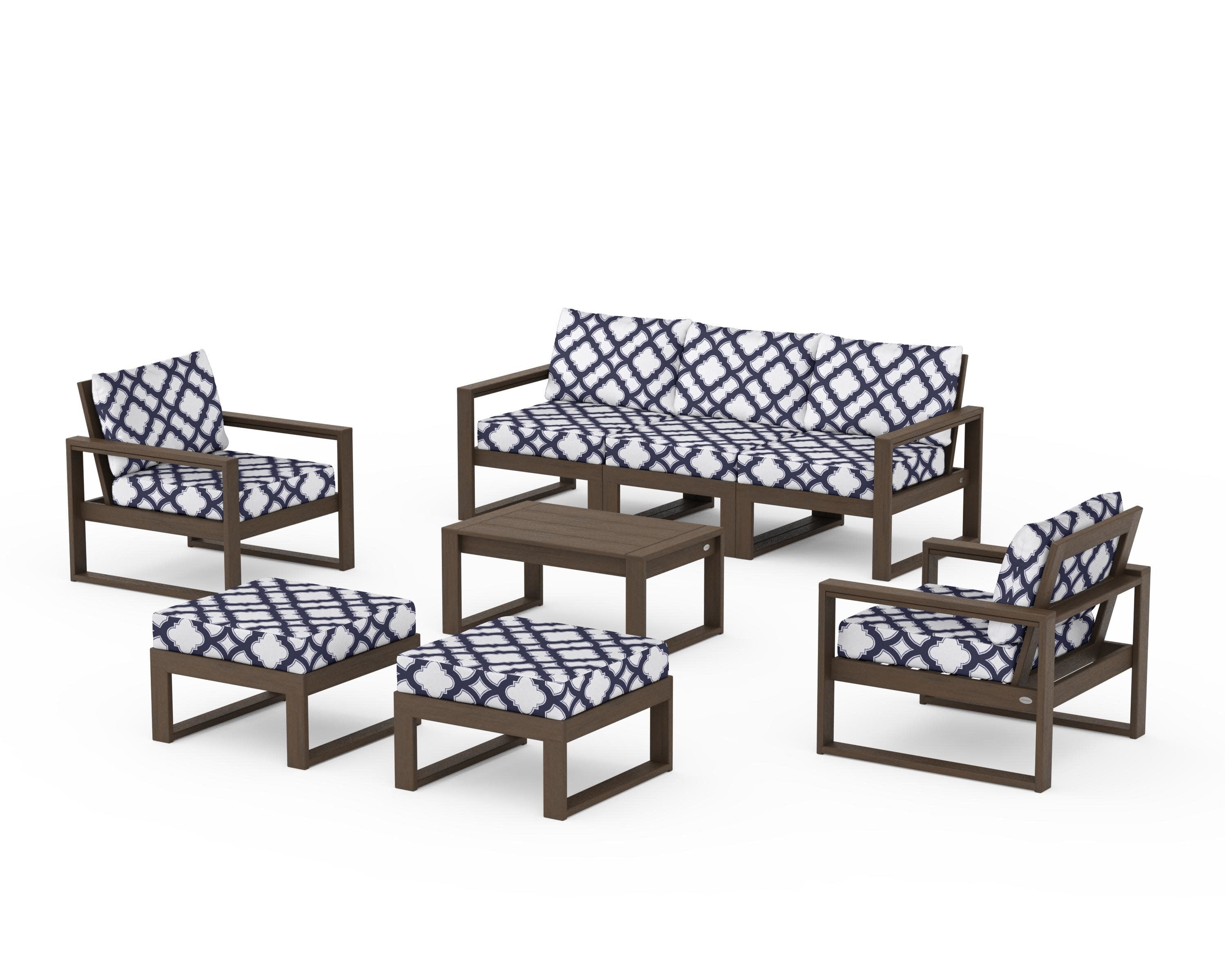 EDGE Sectional 8-Piece Lounge Sofa Set in Kona / Trellis Navy