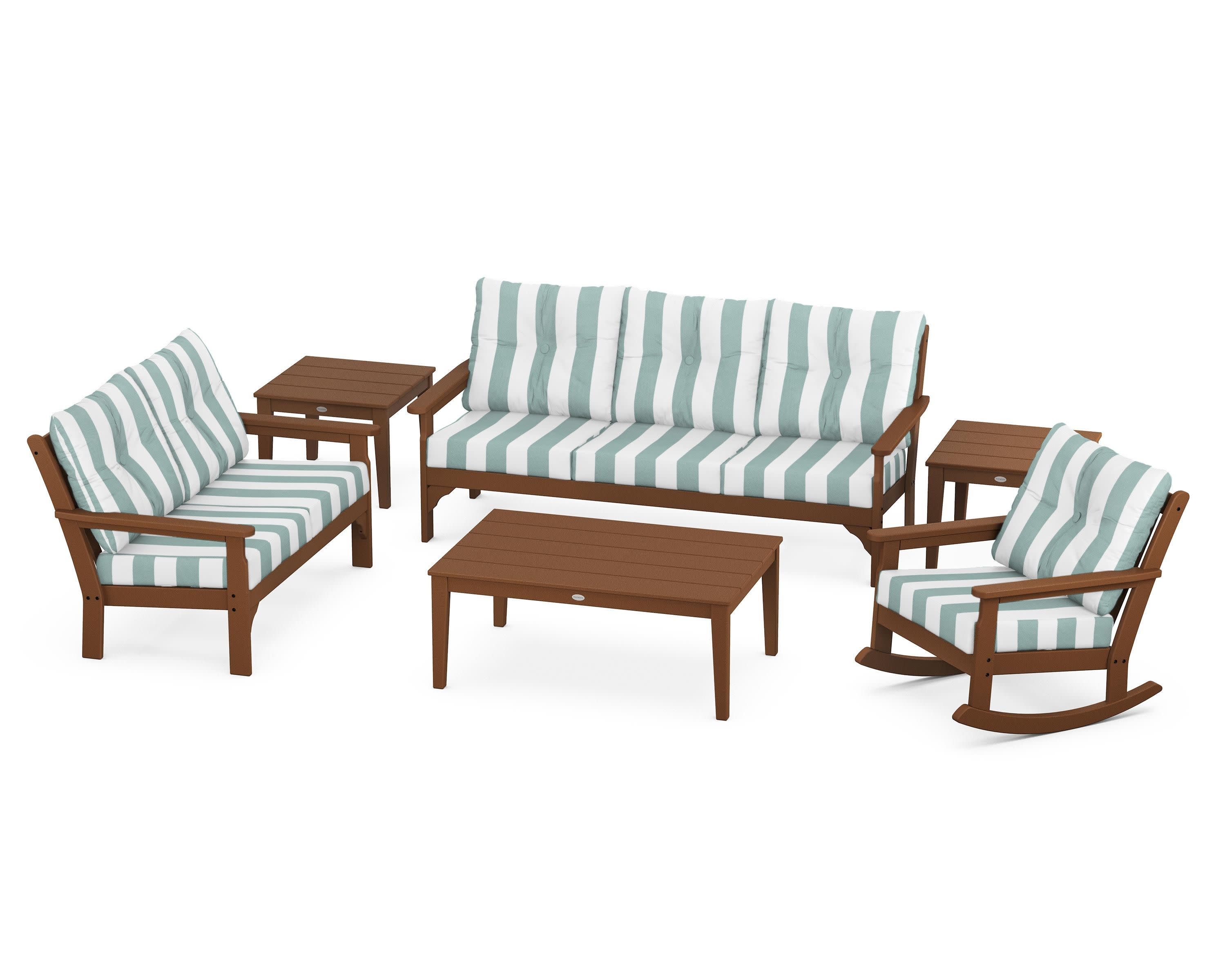 Vineyard 6-Piece Deep Seating Set in Teak / Cabana Stripe Glacier Spa