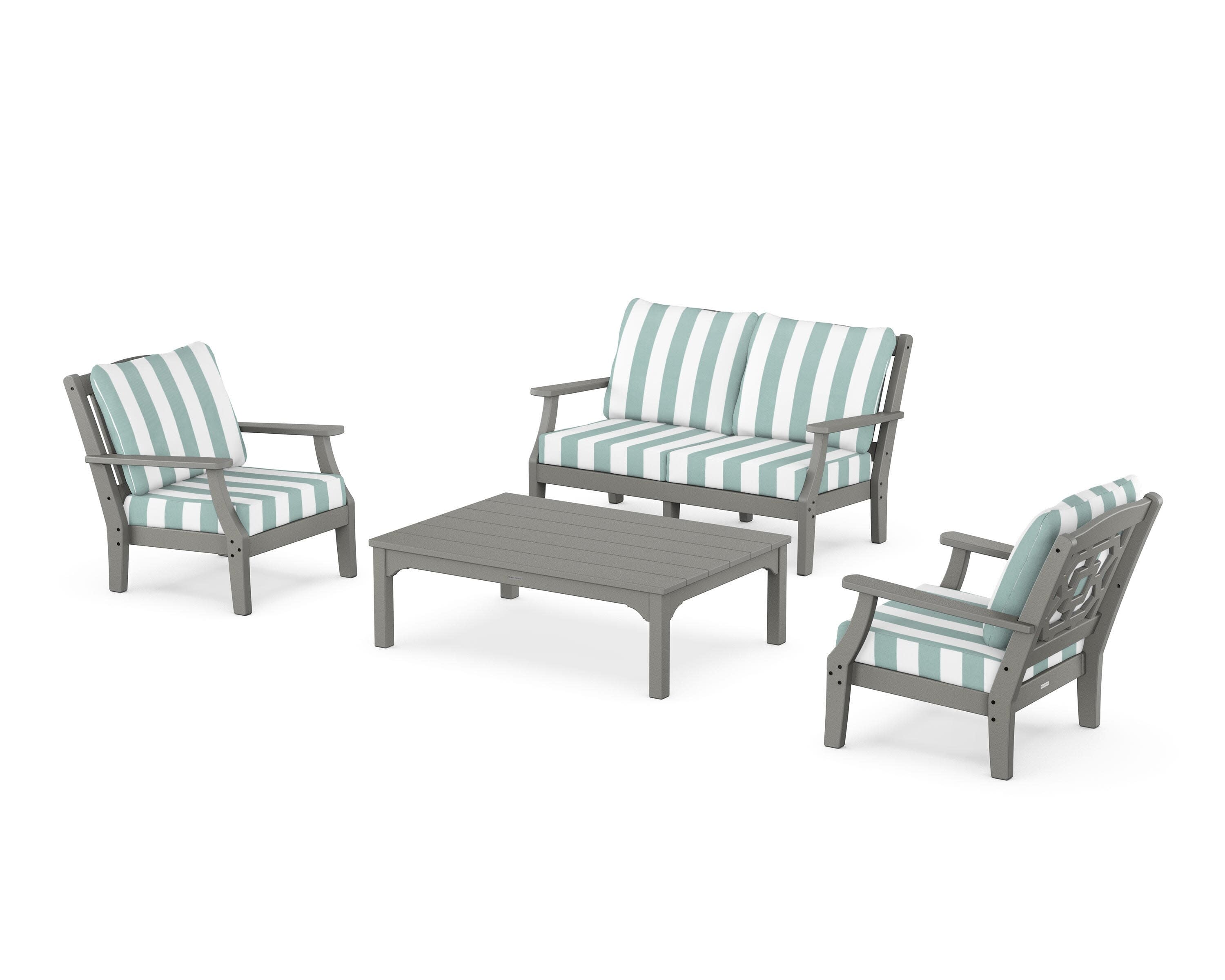 Chinoiserie 4-Piece Deep Seating Set with Loveseat in Slate Grey / Cabana Stripe Glacier Spa