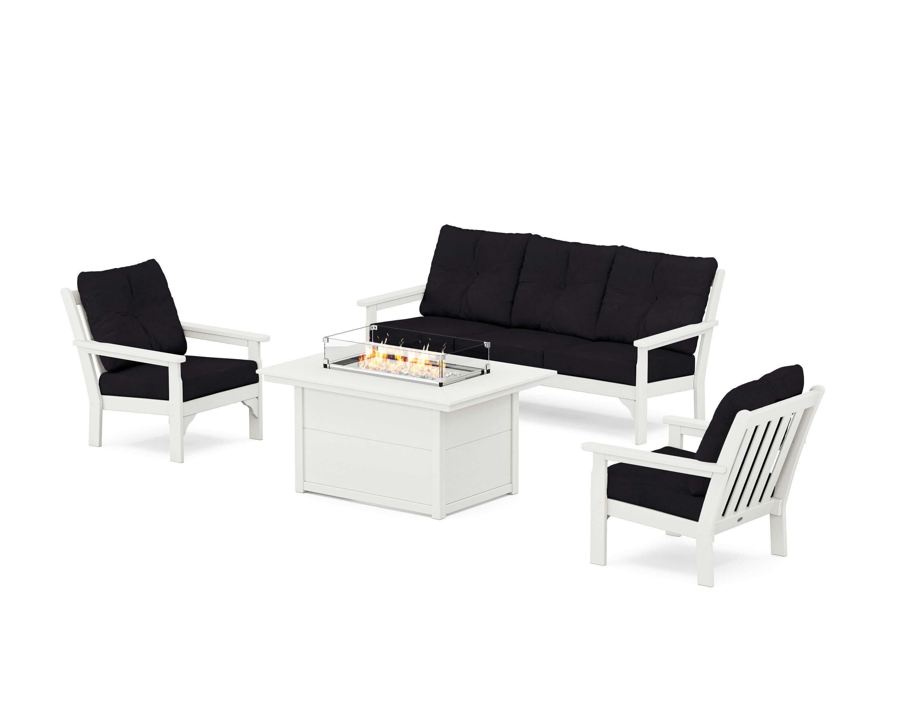 Vineyard Deep Seating Fire Pit Table Set in Vintage White / Midnight Linen