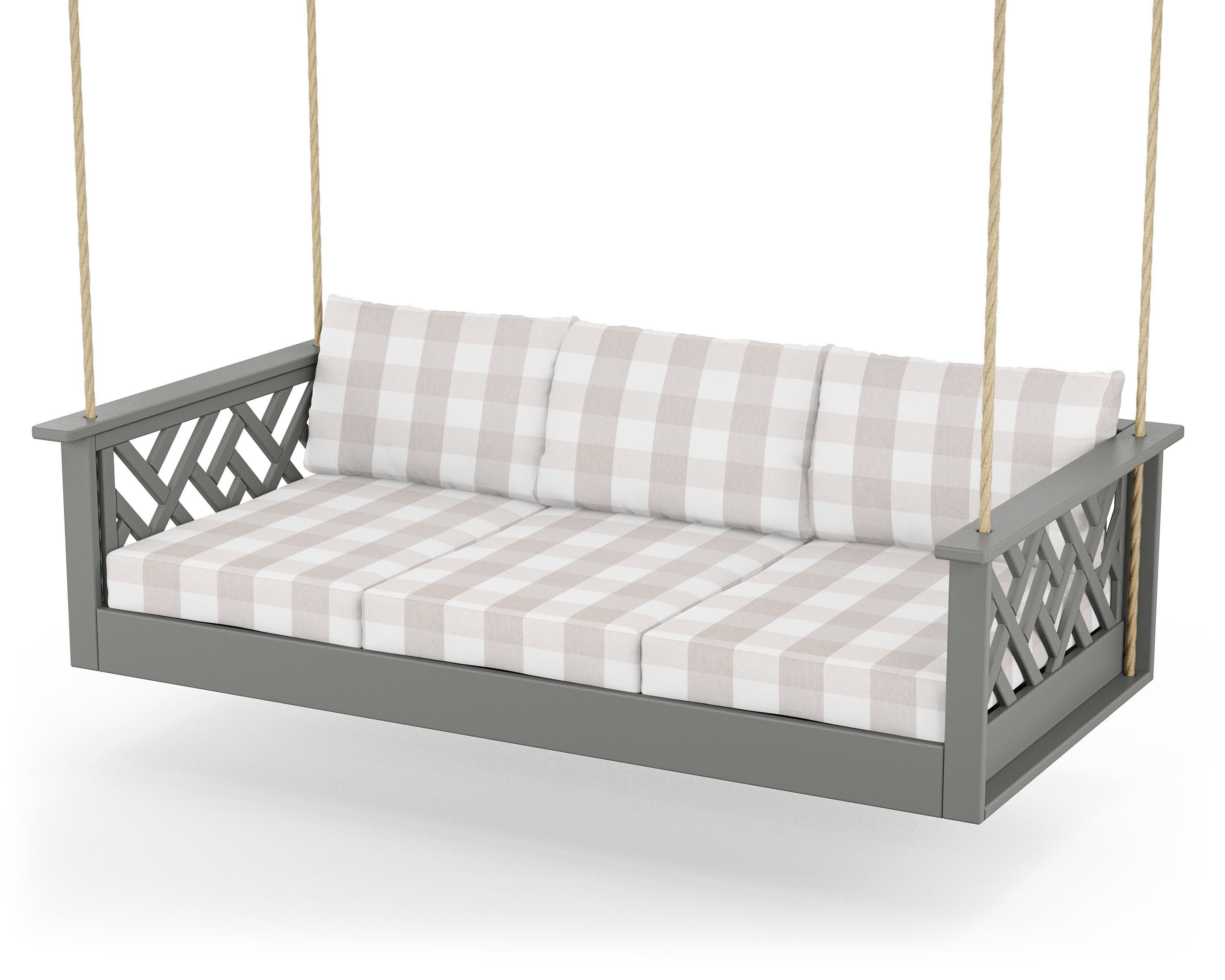 Chippendale Daybed Swing in Slate Grey / Buffalo Plaid Dune Burlap