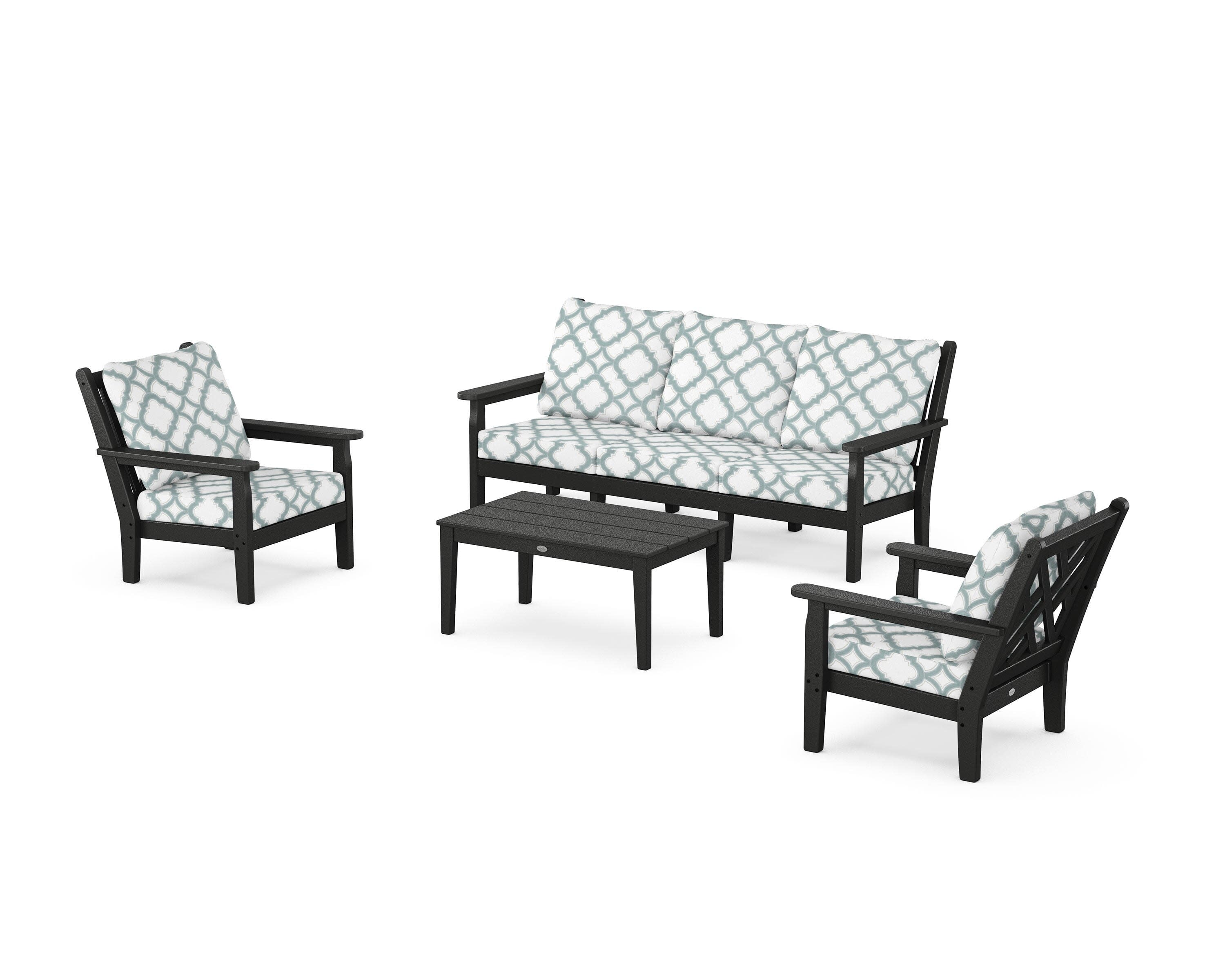 Chippendale 4-Piece Deep Seating Set with Sofa in Black / Trellis Glacier Spa