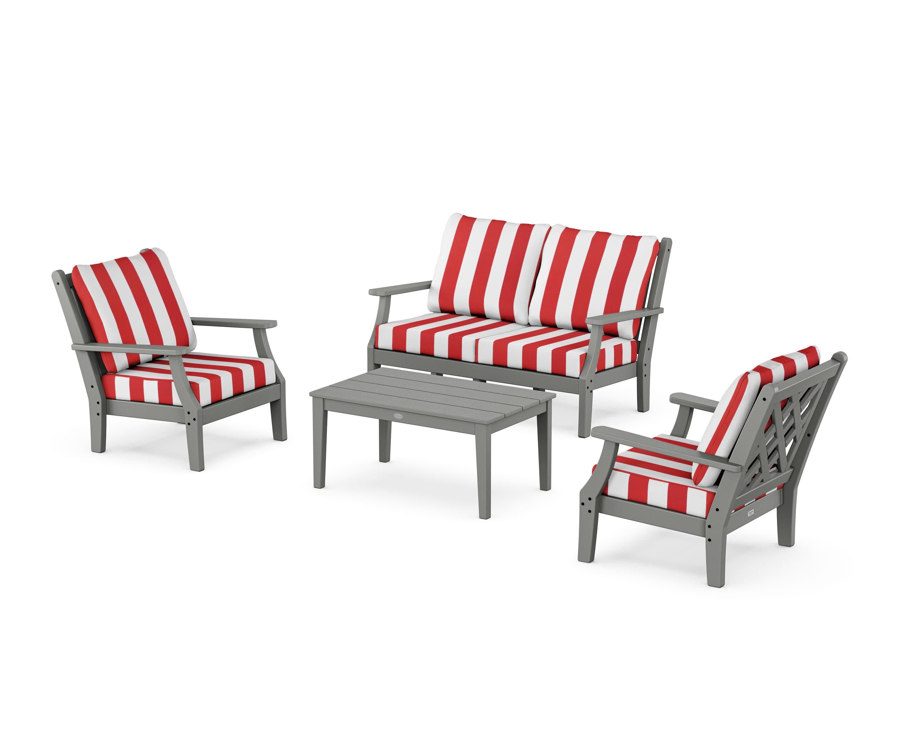 Wovendale 4-Piece Deep Seating Set with Loveseat in Slate Grey / Cabana Stripe Crimson