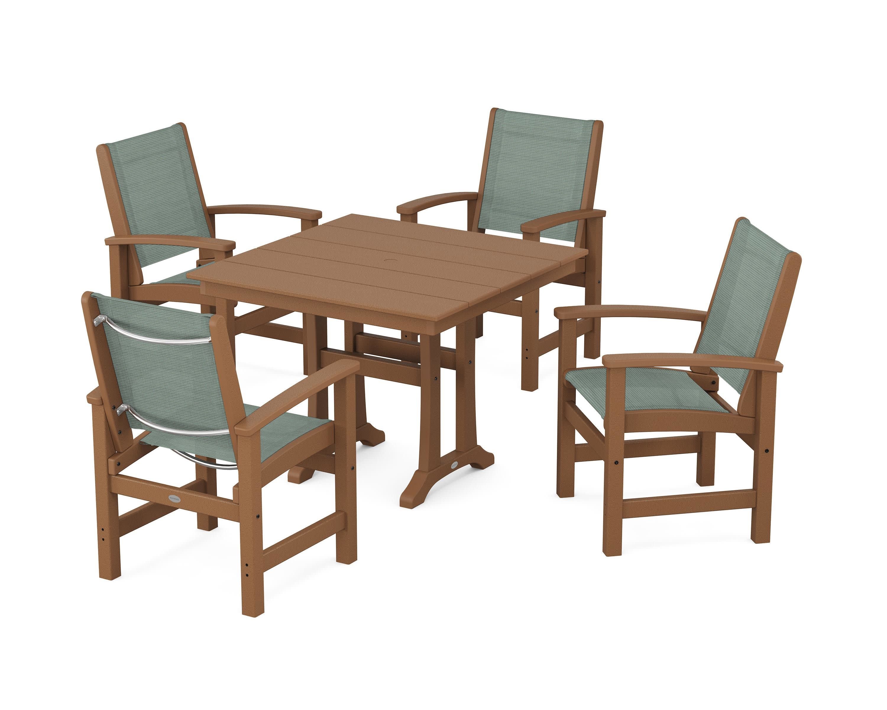 Coastal 5-Piece Farmhouse Dining Set With Trestle Legs in Teak / Dupioni Sea Mist Sling