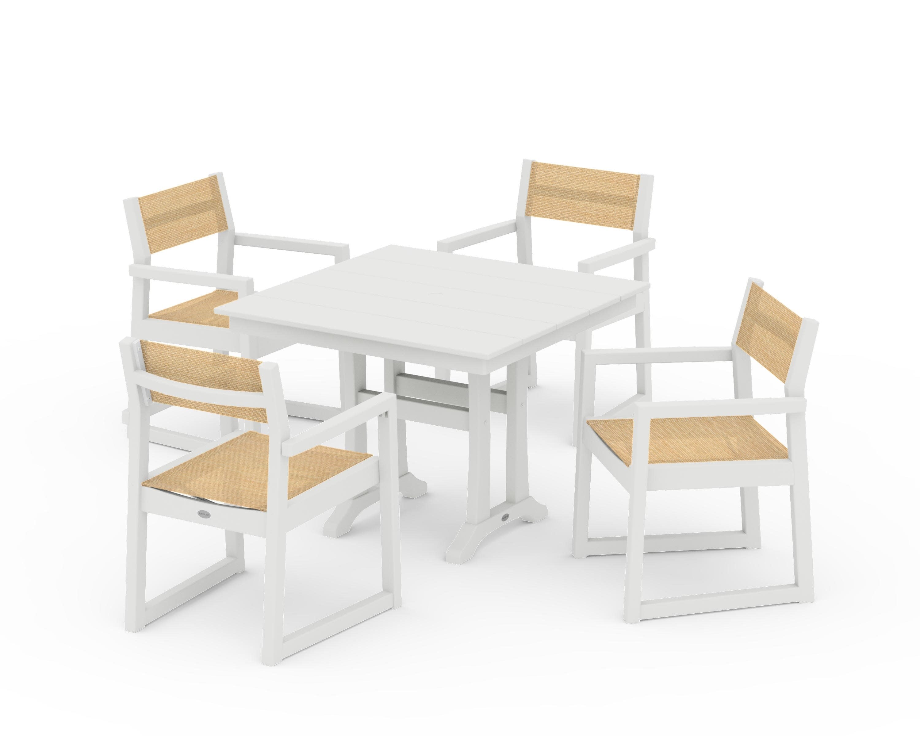 EDGE Sling 5-Piece Farmhouse Dining Set with Trestle Legs in Vintage White / Dupioni Apricot Sling