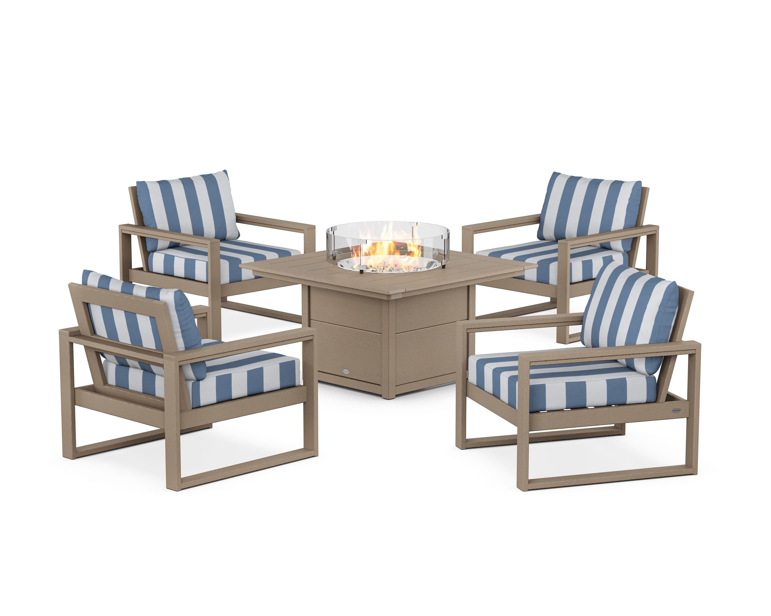 EDGE Sectional 5-Piece Deep Seating Set with Fire Pit Table in Vintage Sahara / Cabana Stripe Sky Blue