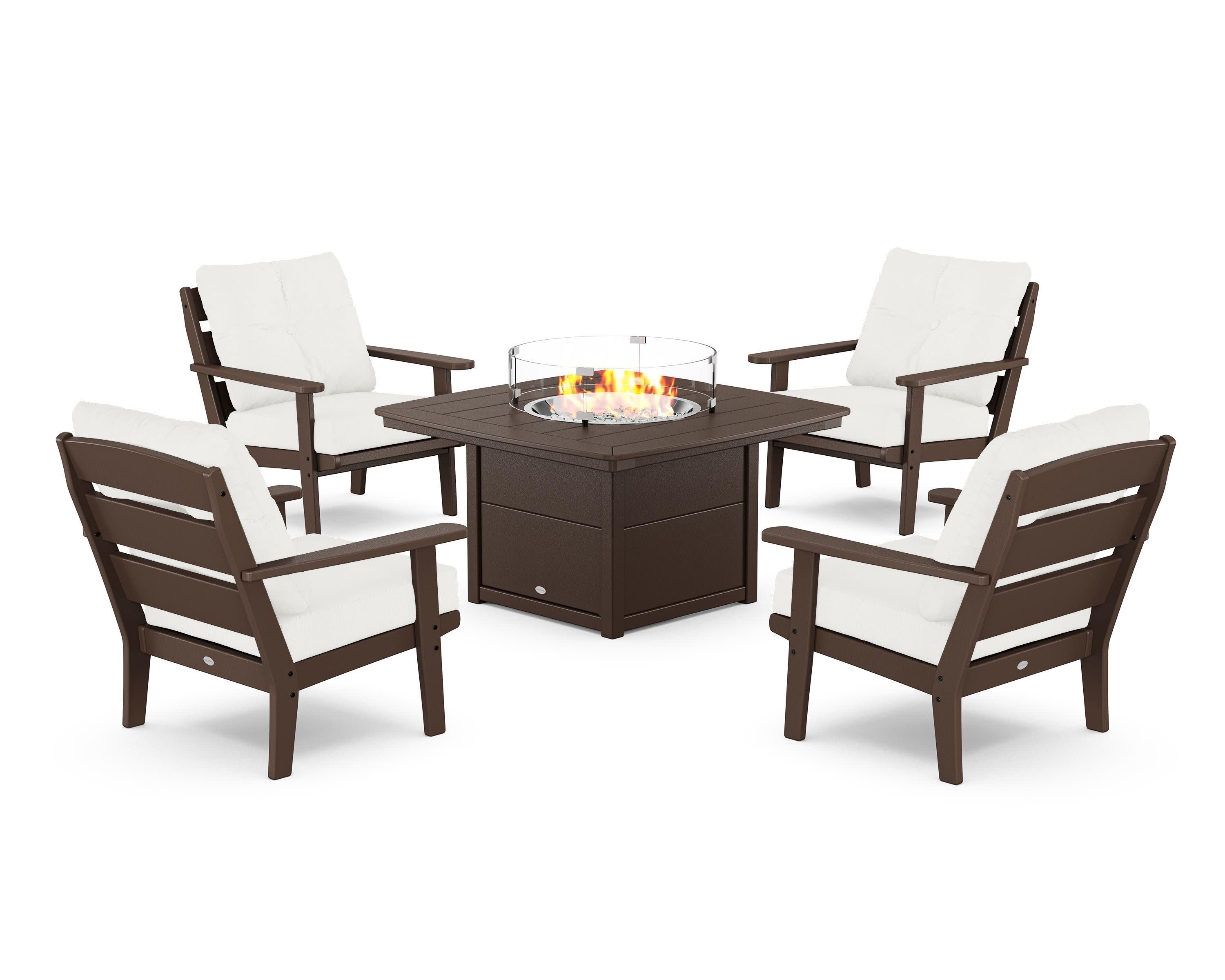 Lakeside 5-Piece Deep Seating Set with Nautical Fire Pit Table in Mahogany / Natural Linen