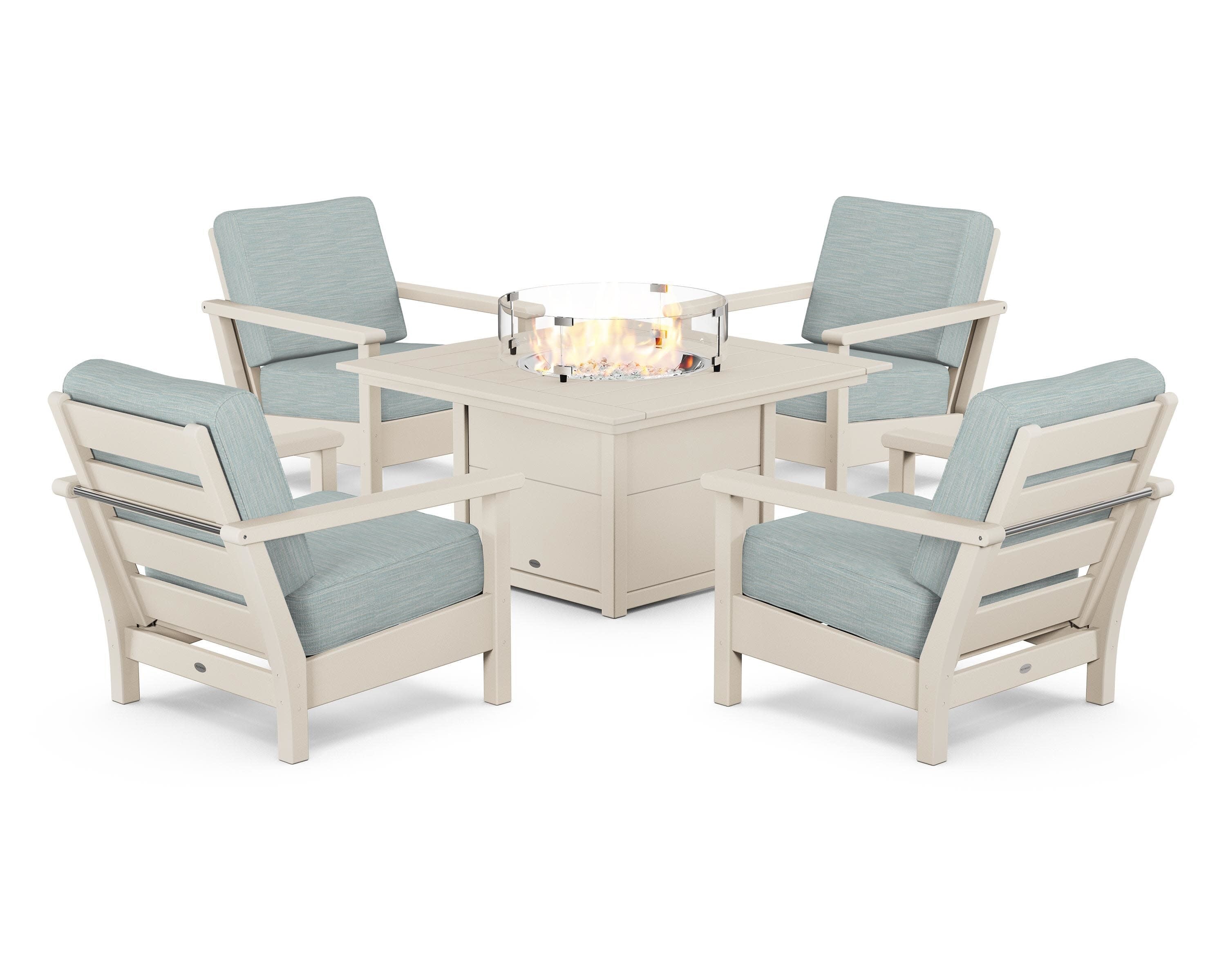 Harbour 5-Piece Conversation Set with Fire Pit Table in Sand / Soothe Mist