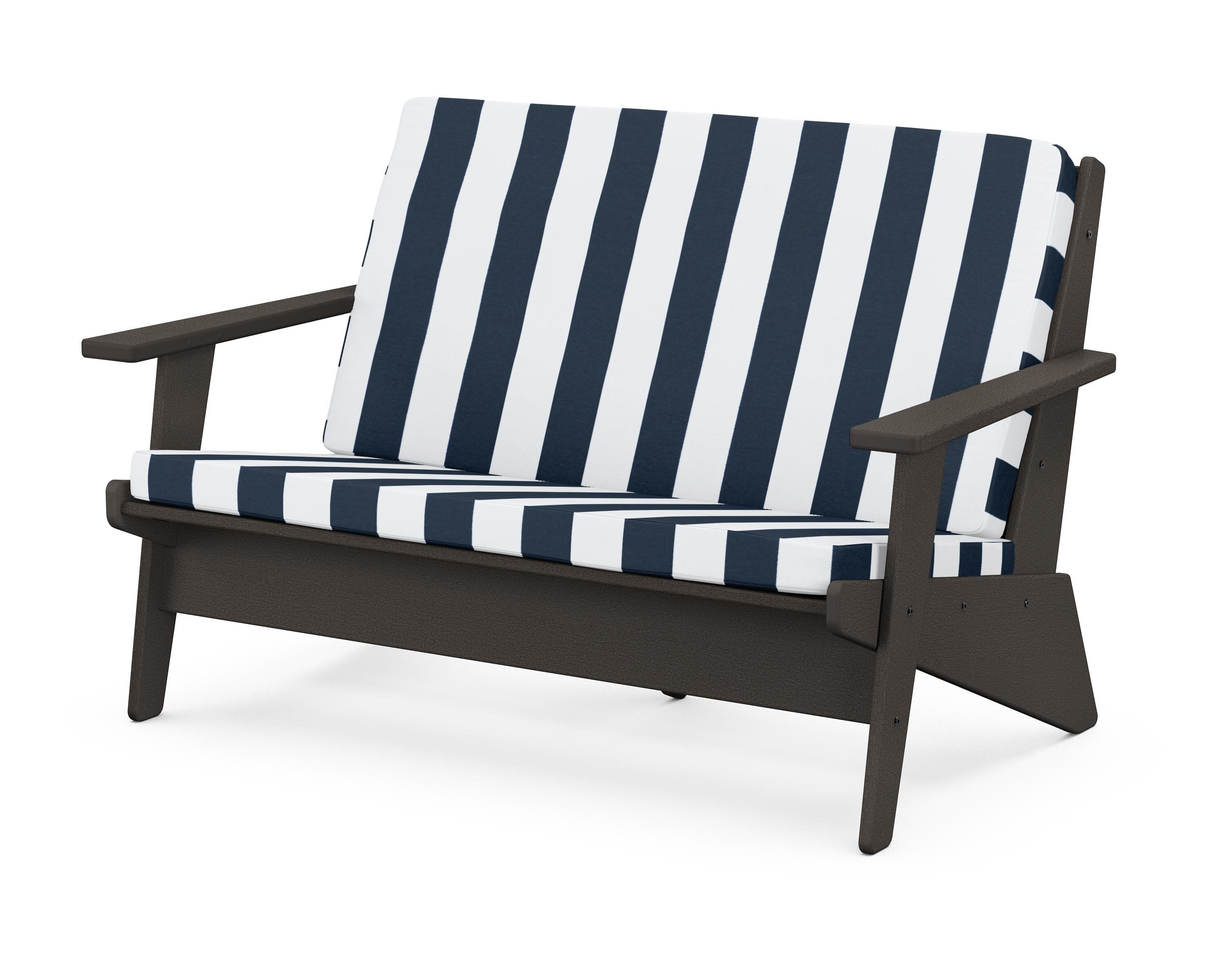 Riviera Modern Lounge Loveseat in Vintage Coffee / Cabana Stripe Marine Indigo