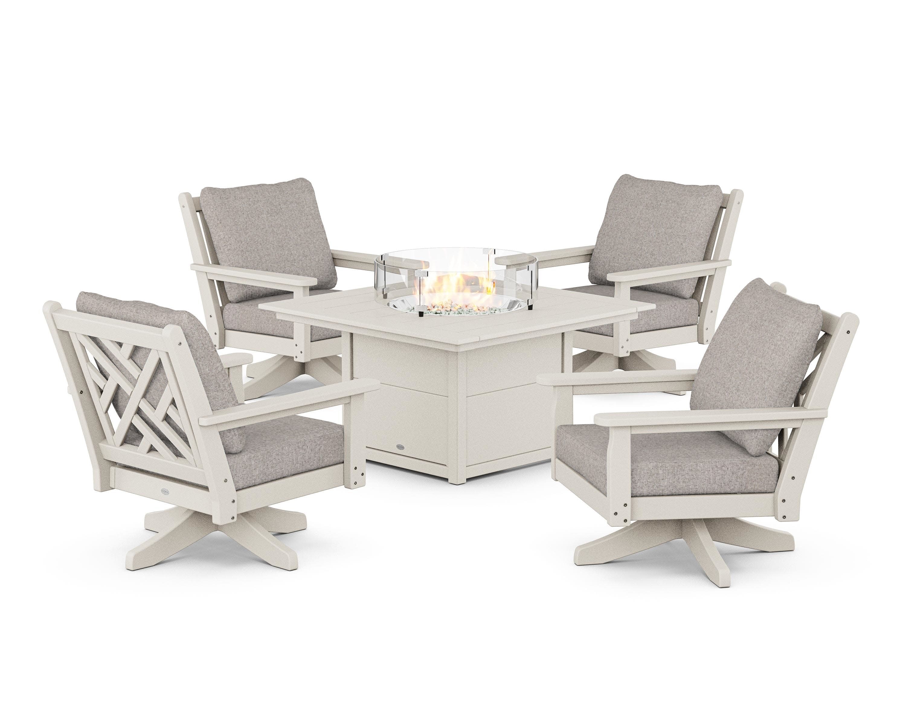 Chippendale 5-Piece Deep Seating Swivel Conversation Set with Fire Pit Table in Sand / Weathered Tweed
