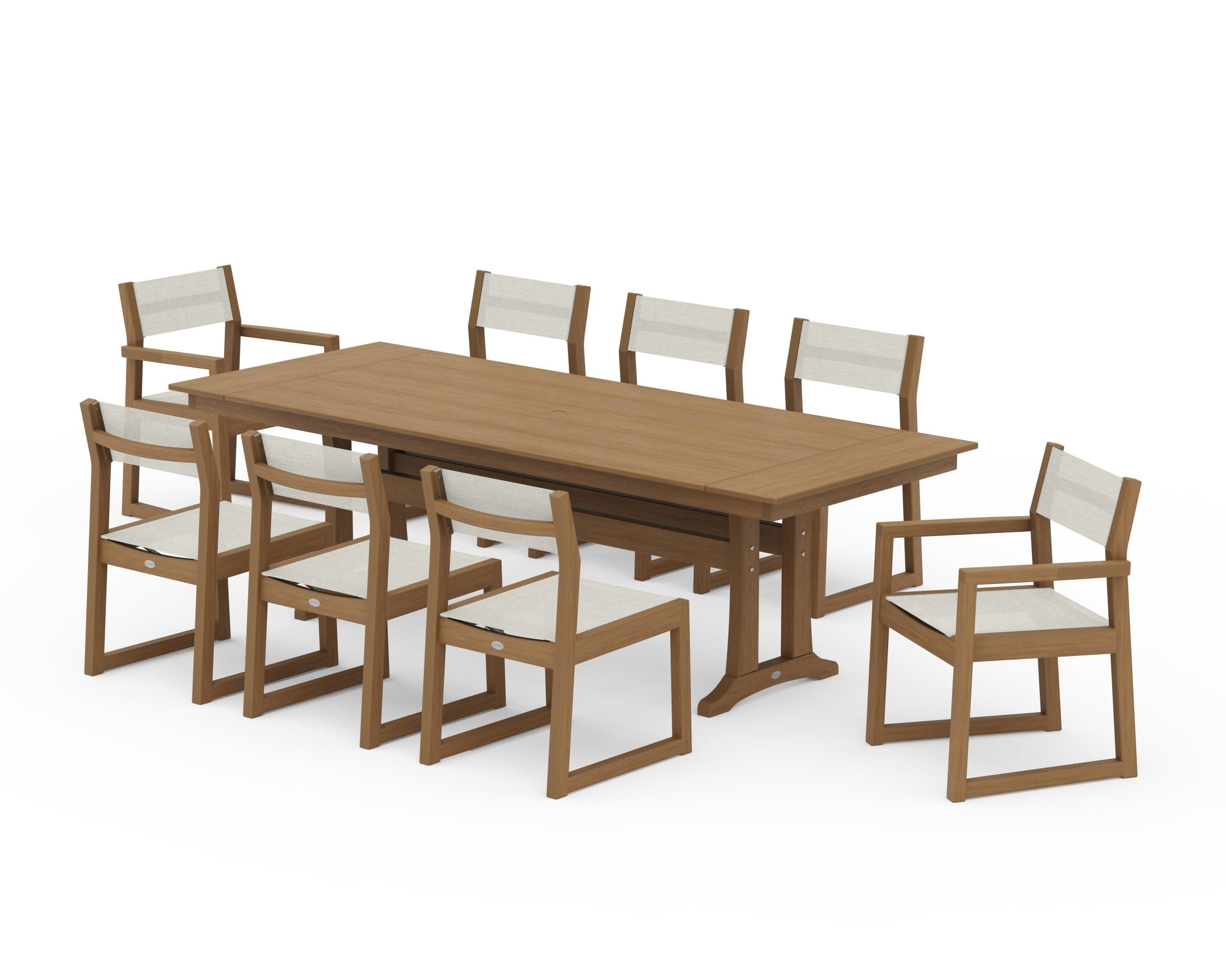 EDGE Sling 9-Piece Farmhouse Trestle Dining Set in Natural / Parchment Sling