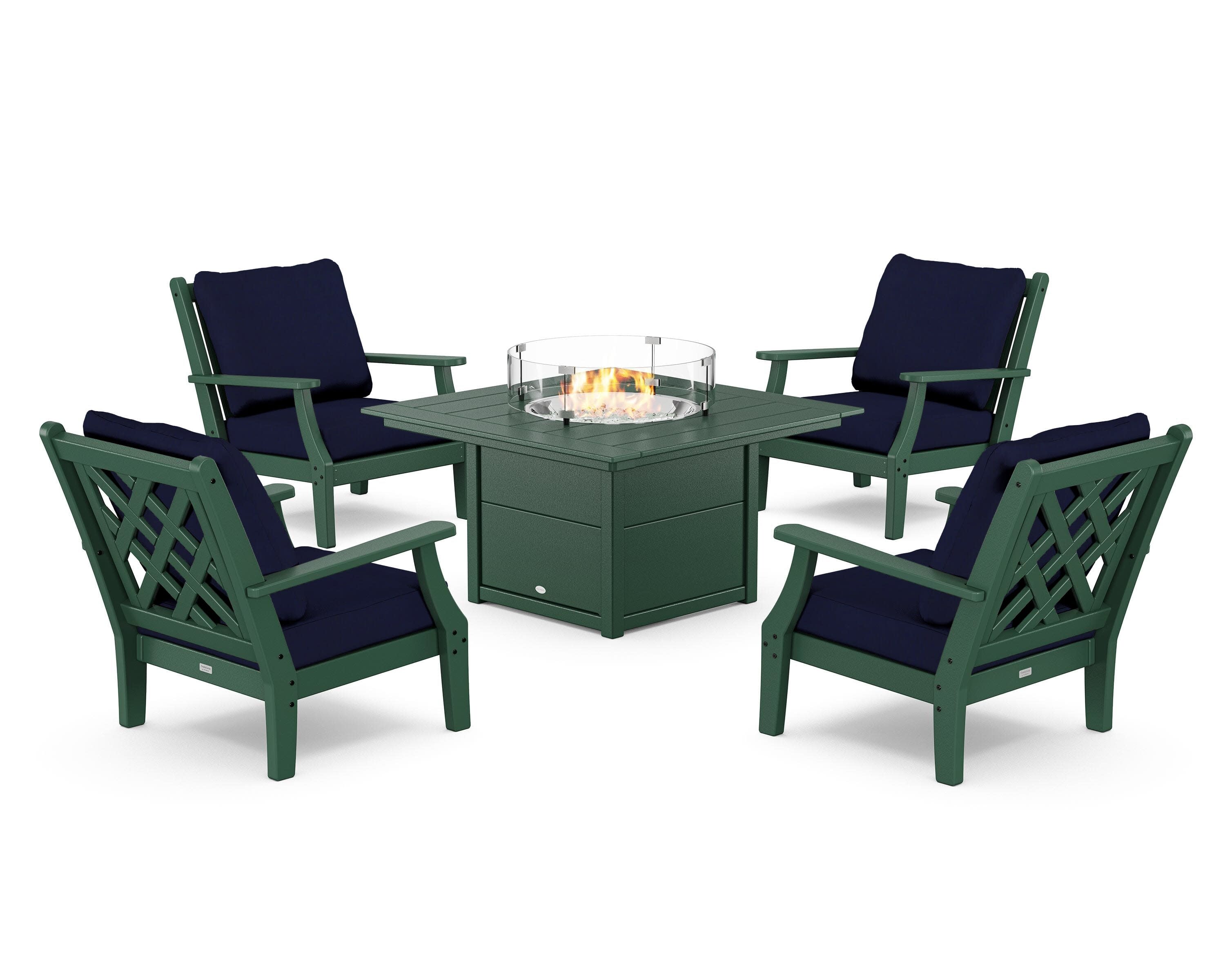 Wovendale 5-Piece Deep Seating Set with Fire Pit Table in Green / Navy