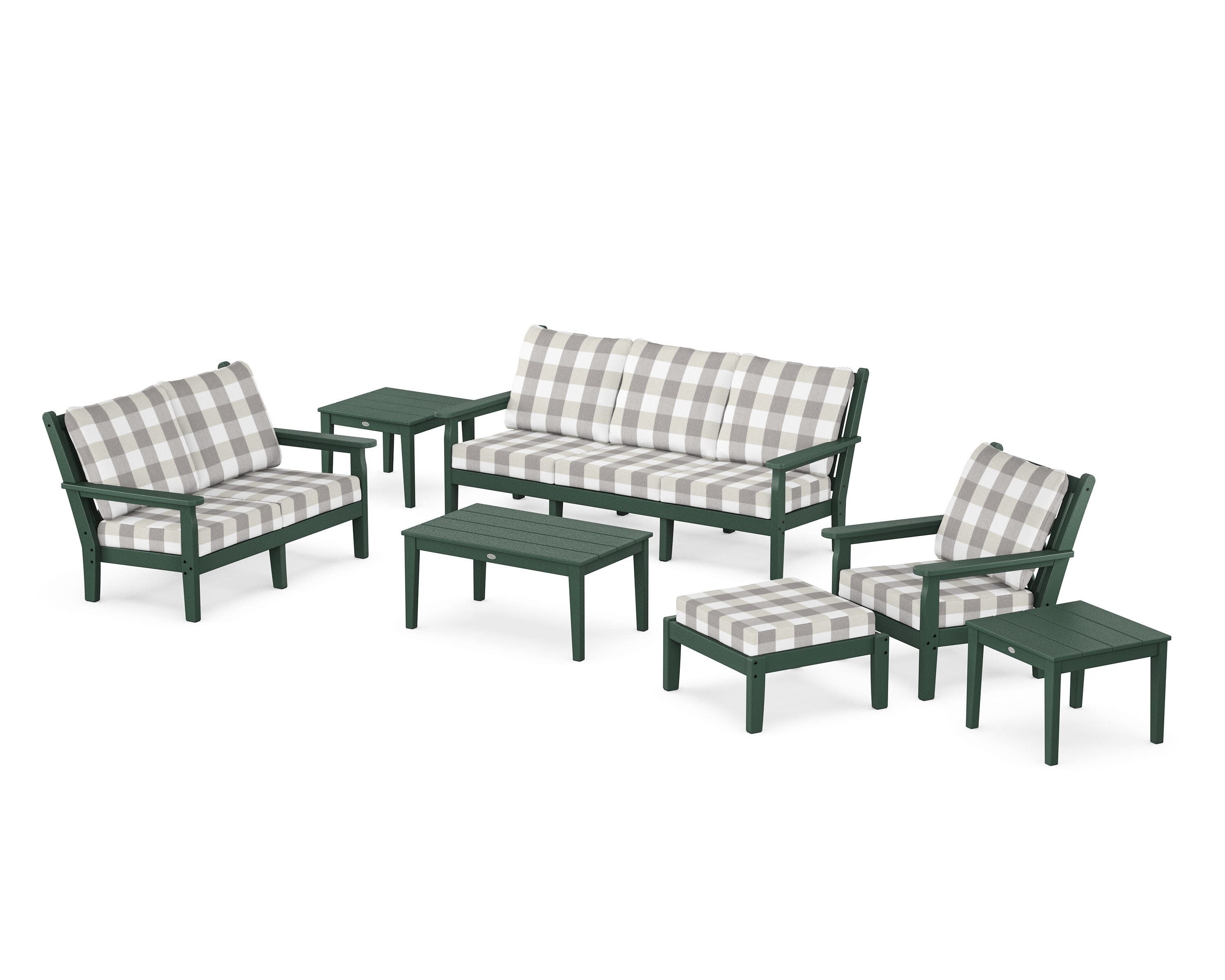 Chippendale 7-Piece Deep Seating Set in Green / Buffalo Plaid Grey Mist