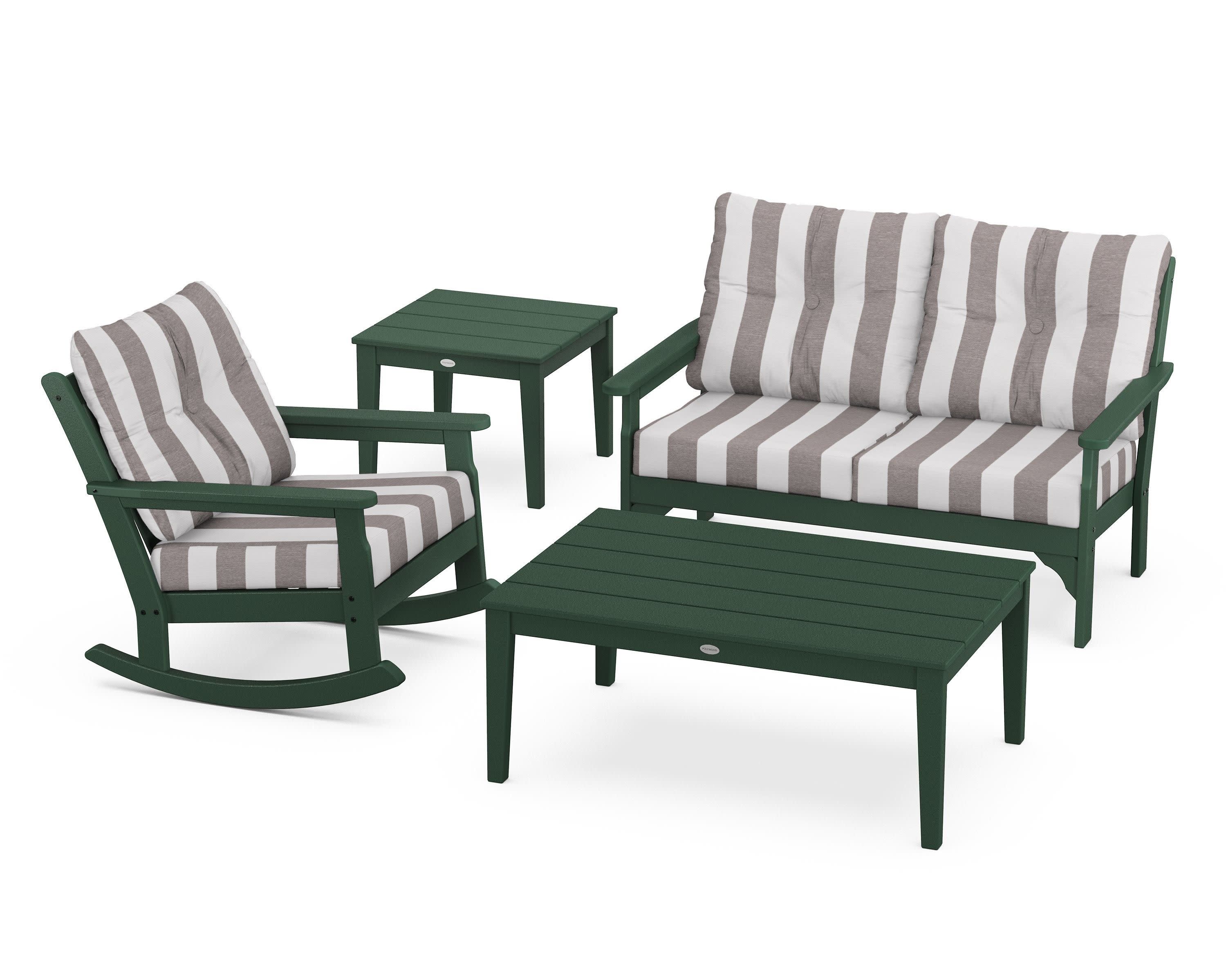 Vineyard 4-Piece Deep Seating Rocker Set in Green / Cabana Stripe Grey Mist