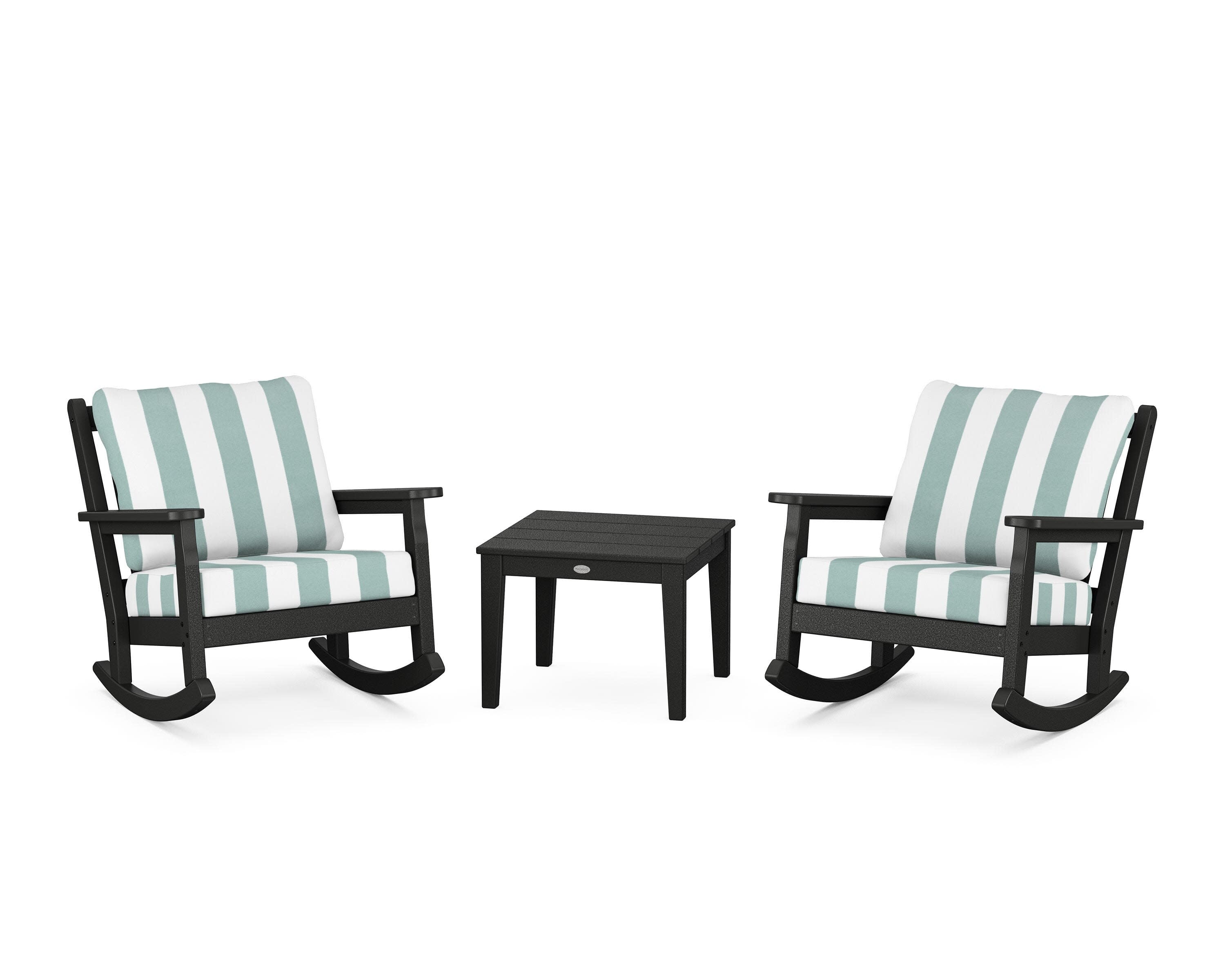 Chippendale 3-Piece Deep Seating Rocker Set in Black / Cabana Stripe Glacier Spa