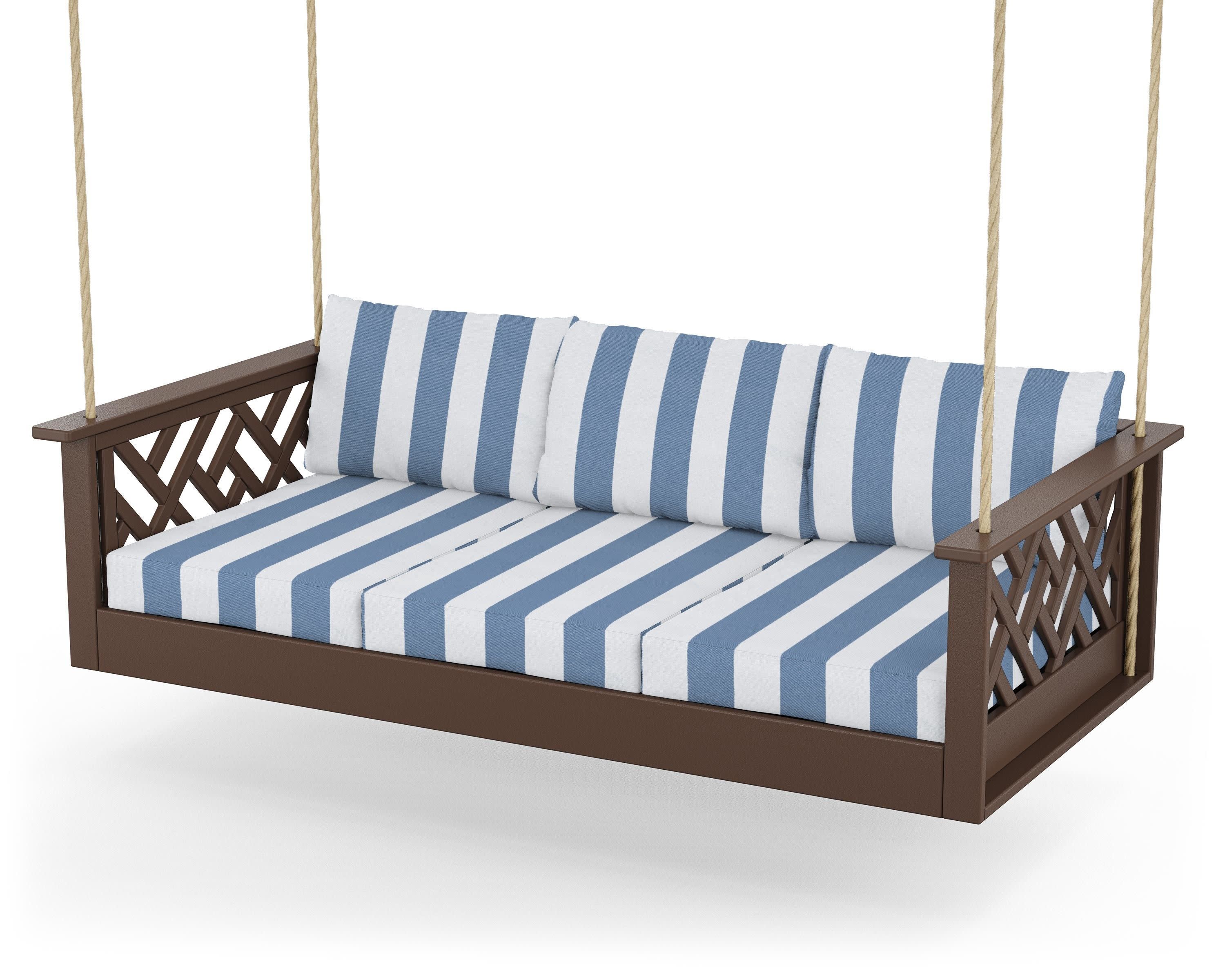Chippendale Daybed Swing in Mahogany / Cabana Stripe Sky Blue