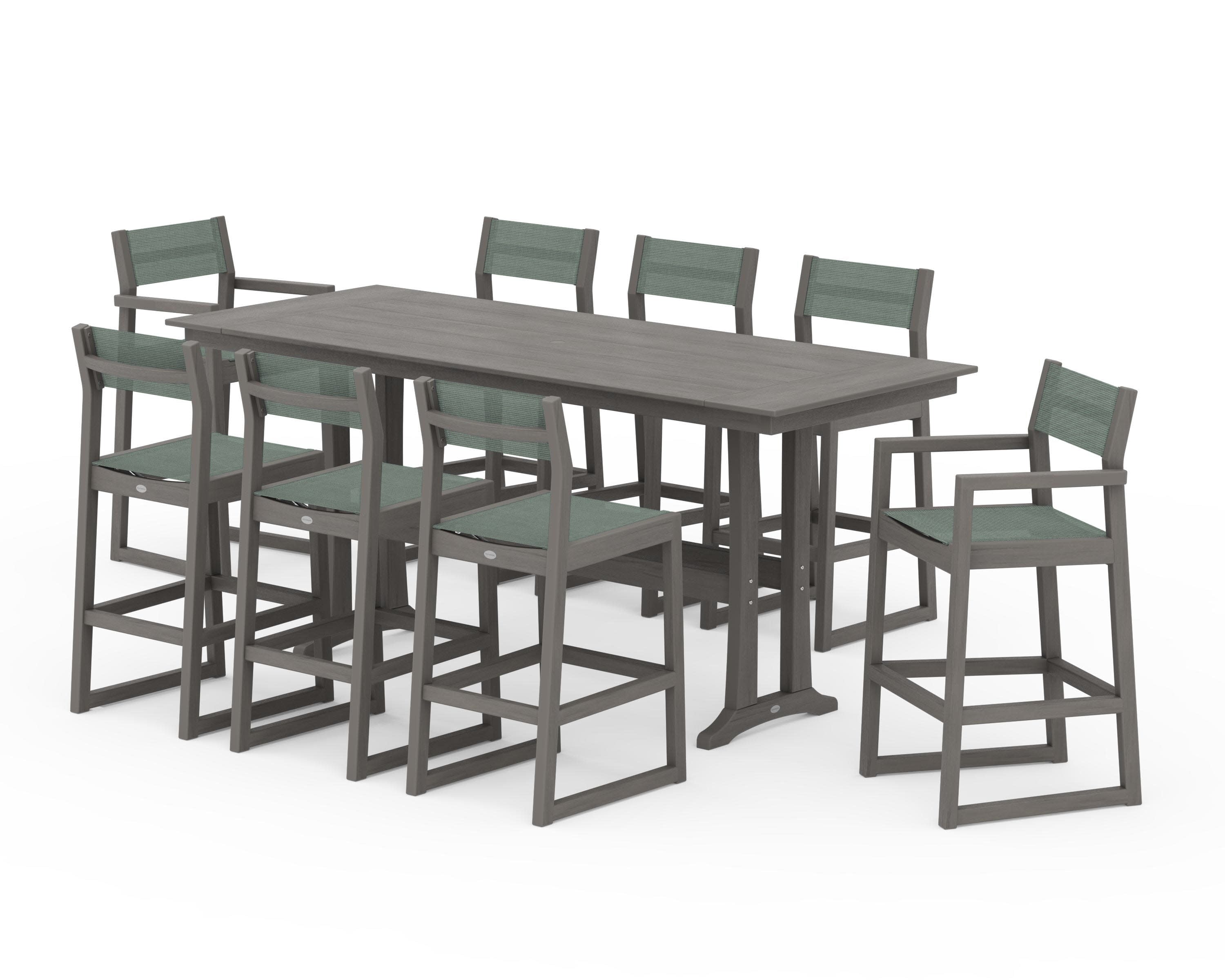 EDGE Sling 9-Piece Farmhouse Bar Set with Trestle Legs in Driftwood / Dupioni Sea Mist Sling