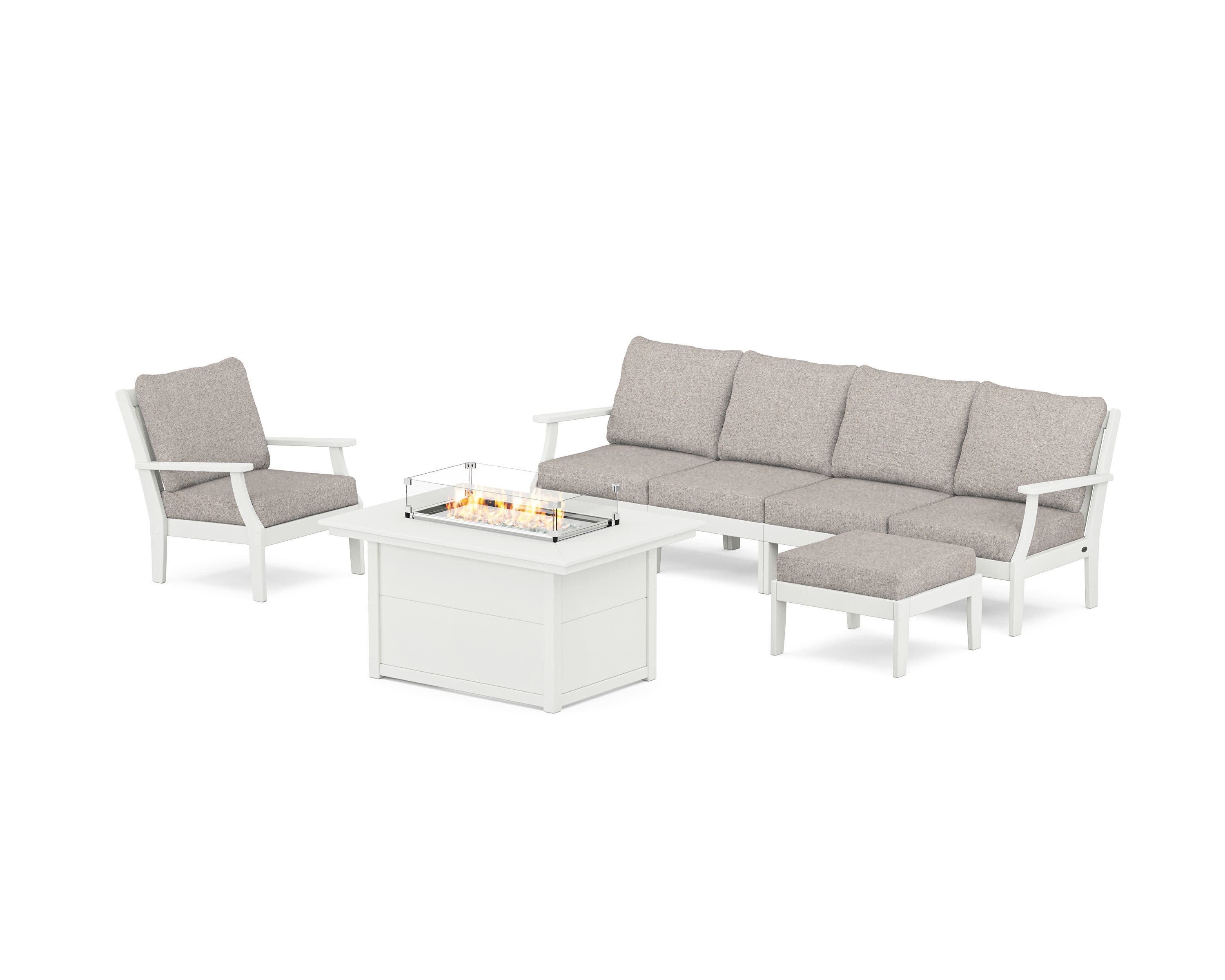Braxton Sectional Lounge and Fire Pit Set in Vintage White / Weathered Tweed