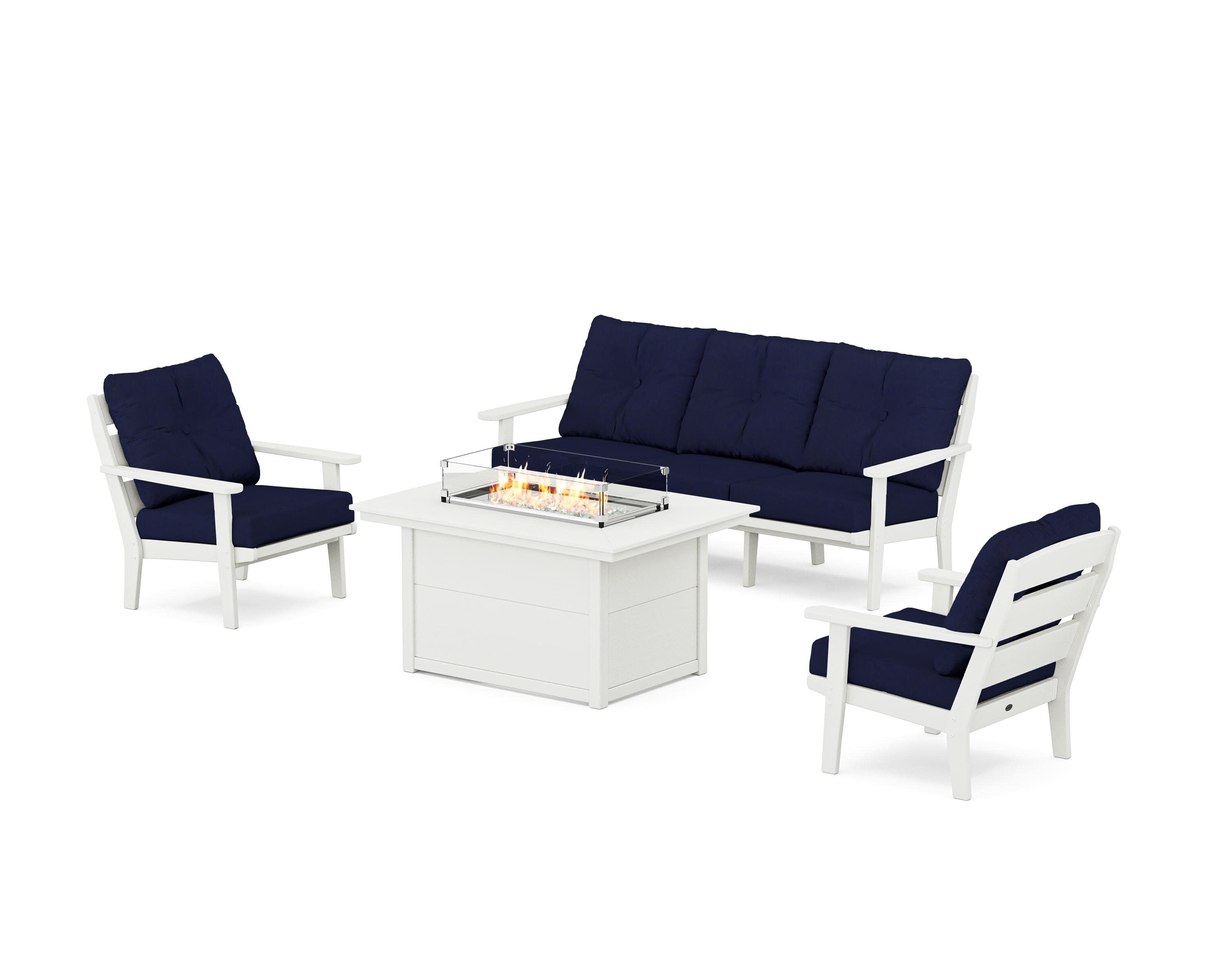 Lakeside Deep Seating Fire Pit Table Set in Vintage White / Navy