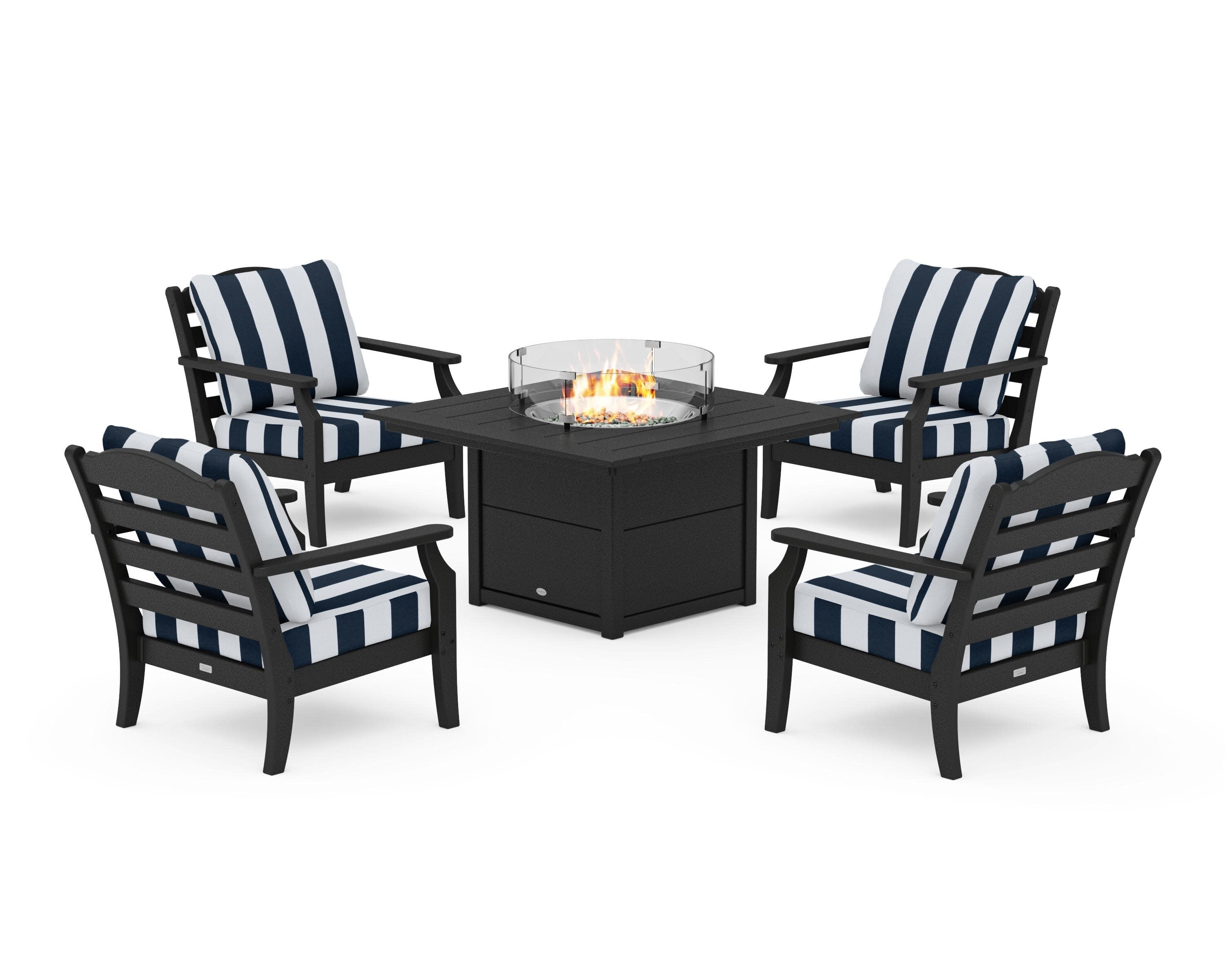 Savannah 5-Piece Deep Seating Set with Fire Pit Table in Black / Cabana Stripe Marine Indigo