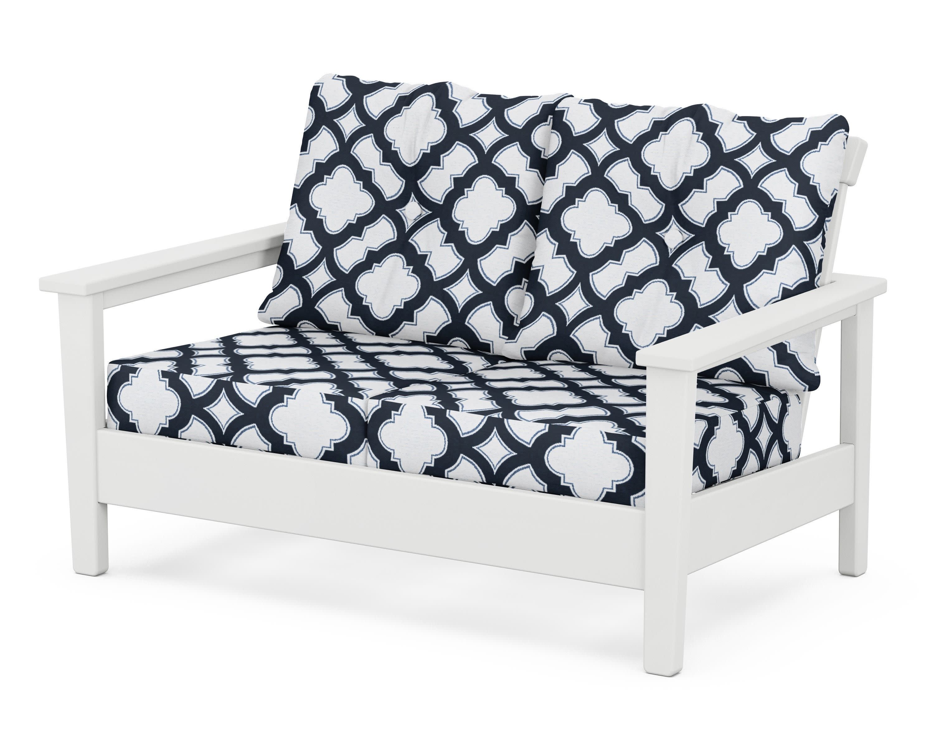 Prescott Deep Seating Loveseat in White / Trellis Marine Indigo