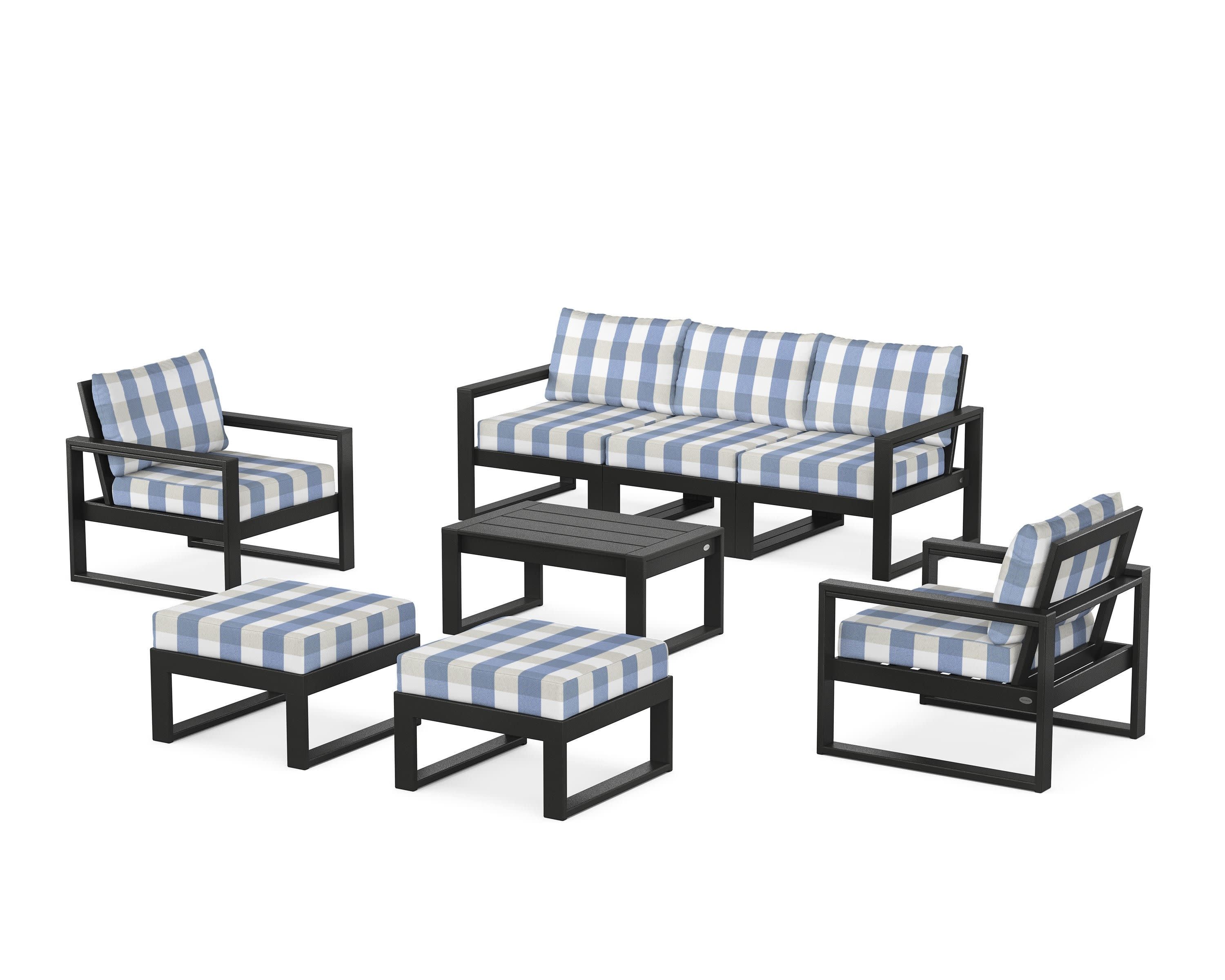 EDGE Sectional 8-Piece Lounge Sofa Set in Black / Buffalo Plaid Sky Blue