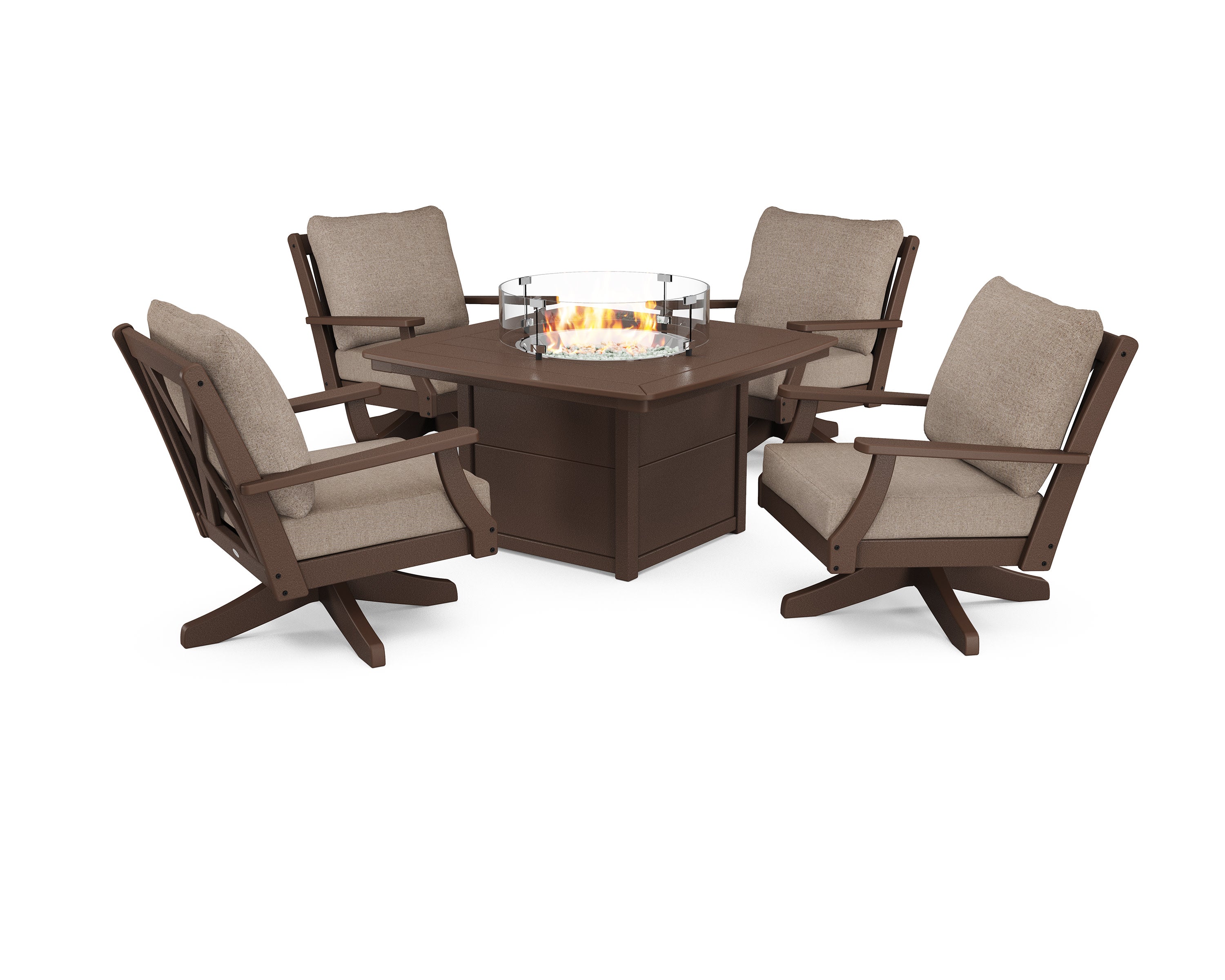 Braxton 5-Piece Deep Seating Swivel Conversation Set with Fire Pit Table in Mahogany / Spiced Burlap