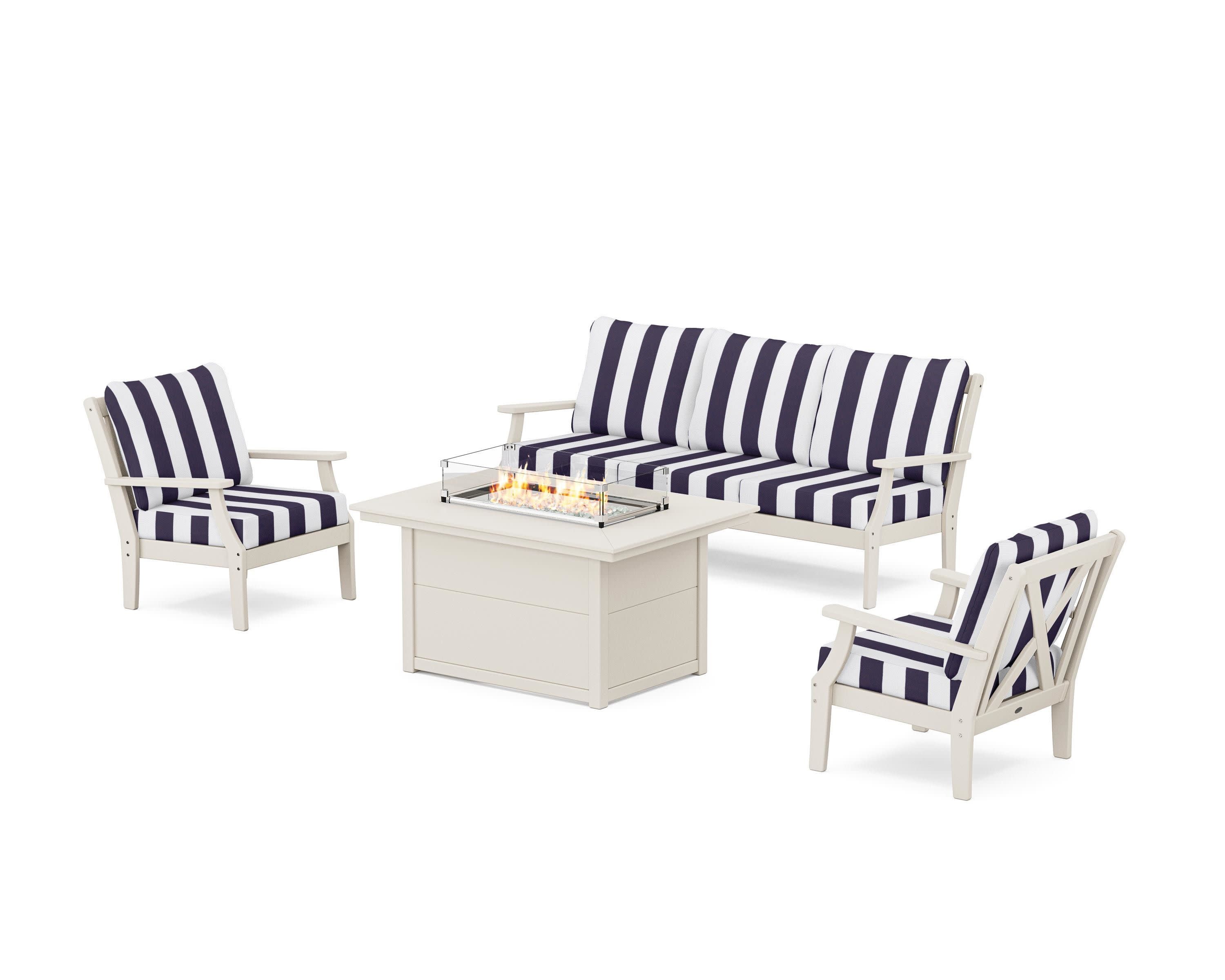 Braxton Deep Seating Fire Pit Table Set in Sand / Cabana Stripe Navy