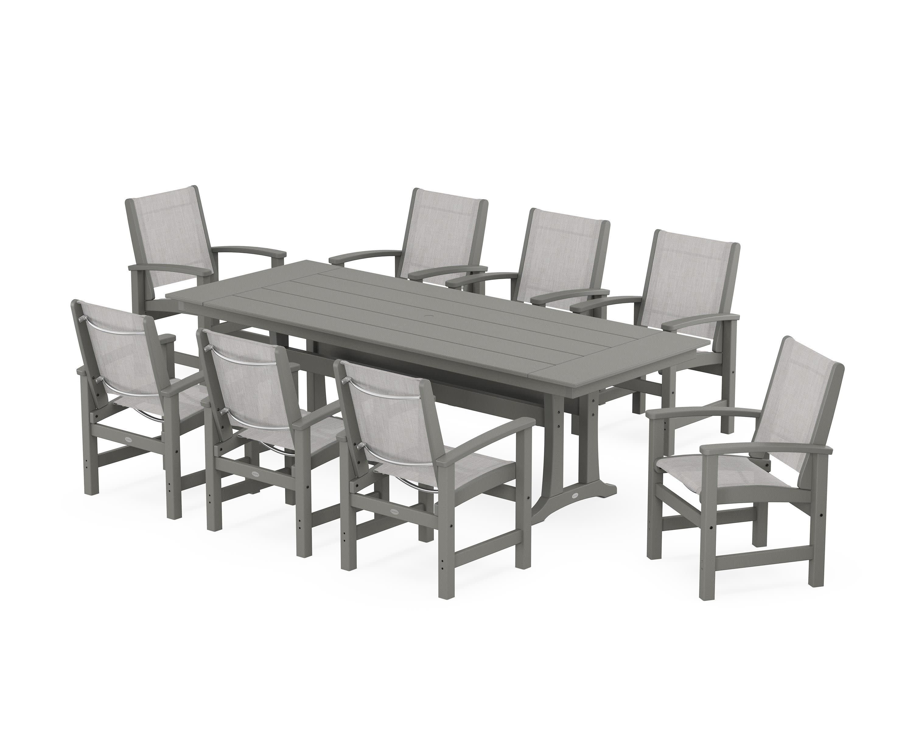 Coastal 9-Piece Farmhouse Dining Set with Trestle Legs in Slate Grey / Parchment Sling