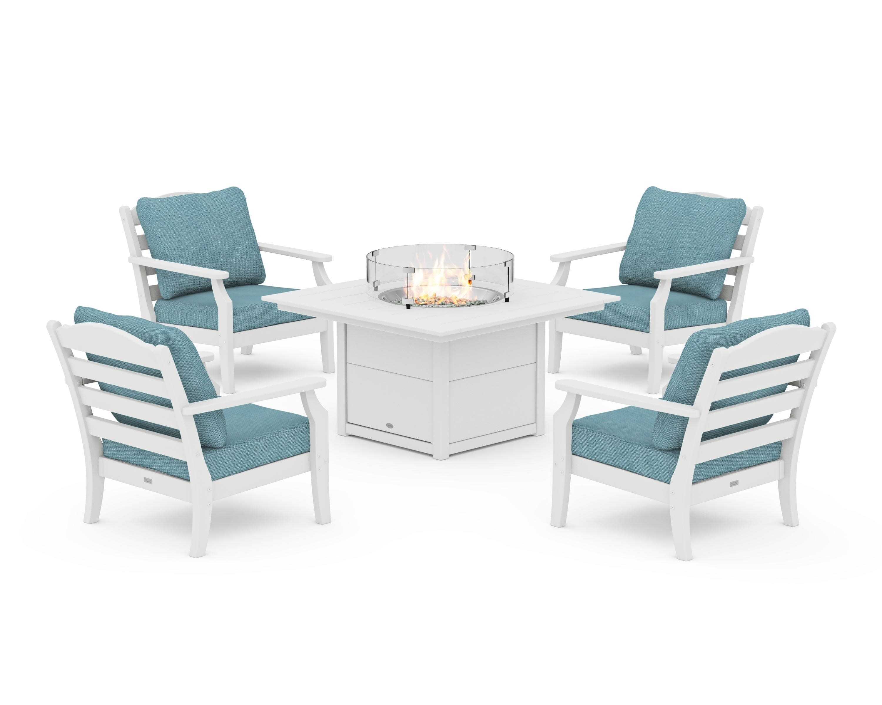 Savannah 5-Piece Deep Seating Set with Fire Pit Table in White / Lattice Sky Blue