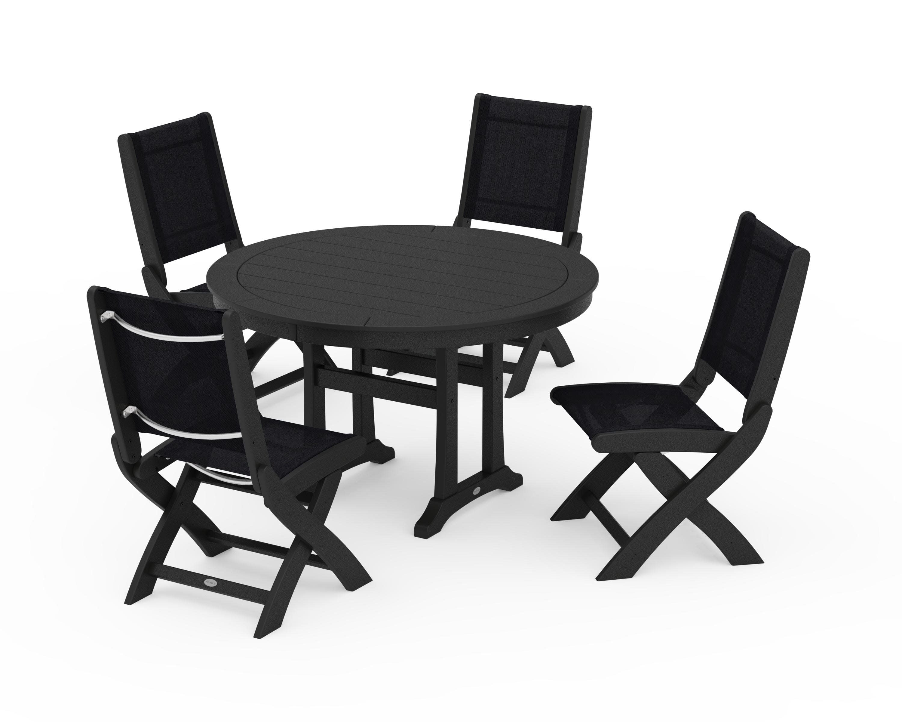Coastal Folding Side Chair 5-Piece Round Dining Set With Trestle Legs in Black / Black Sling