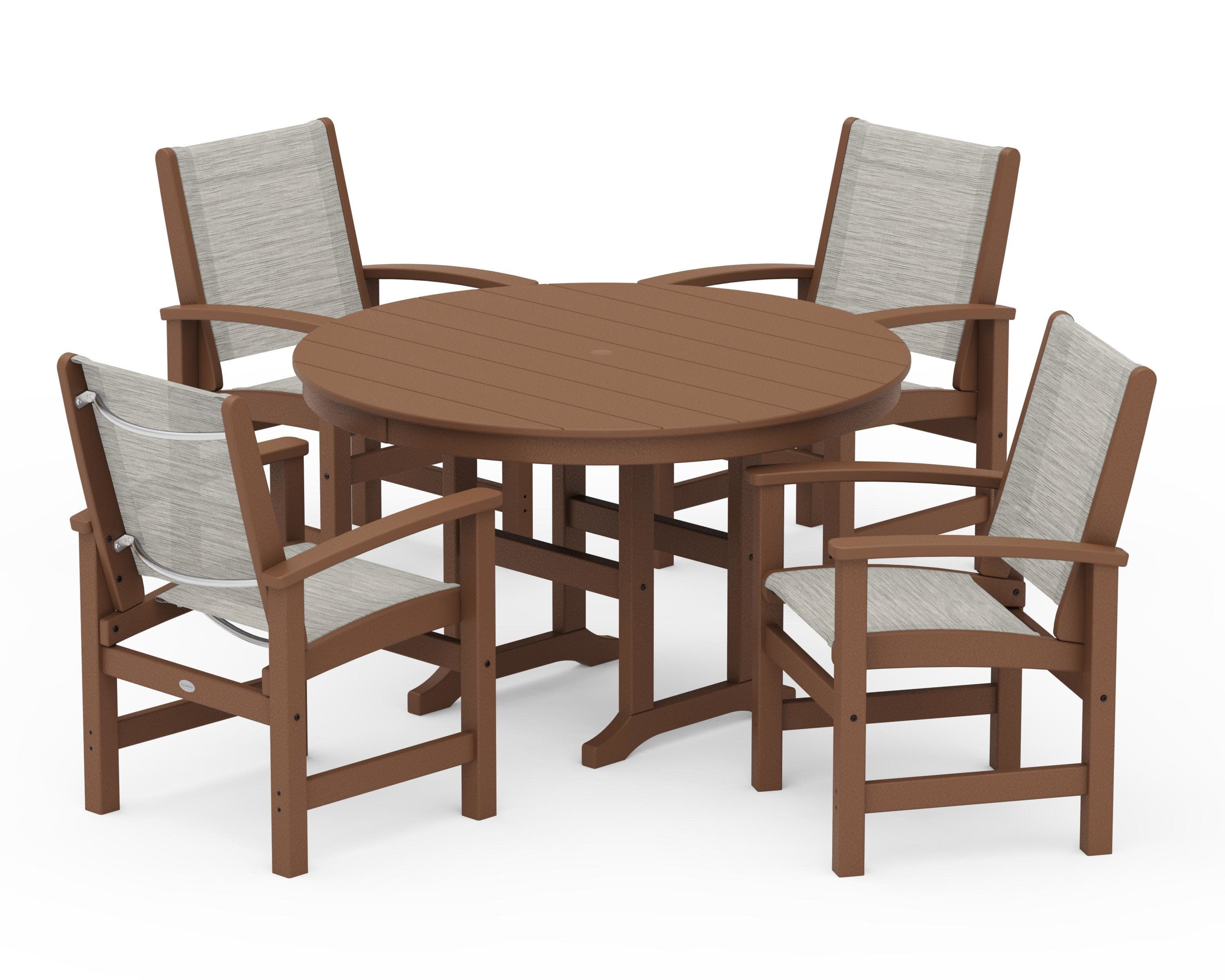 Coastal 5-Piece Round Farmhouse Dining Set in Teak / Birch Sling