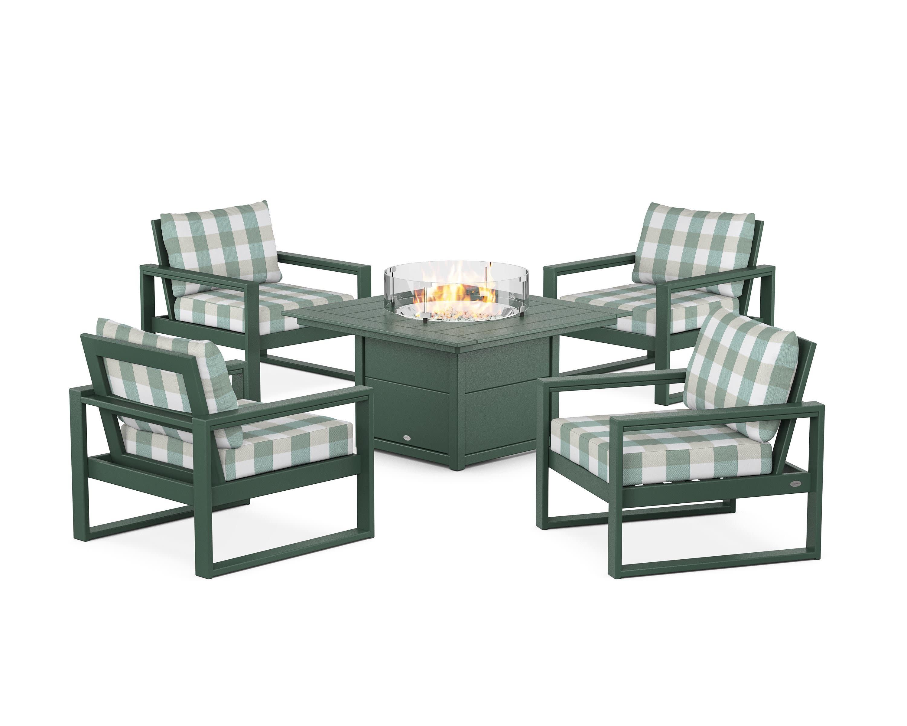 EDGE Sectional 5-Piece Deep Seating Set with Fire Pit Table in Green / Buffalo Plaid Glacier Spa