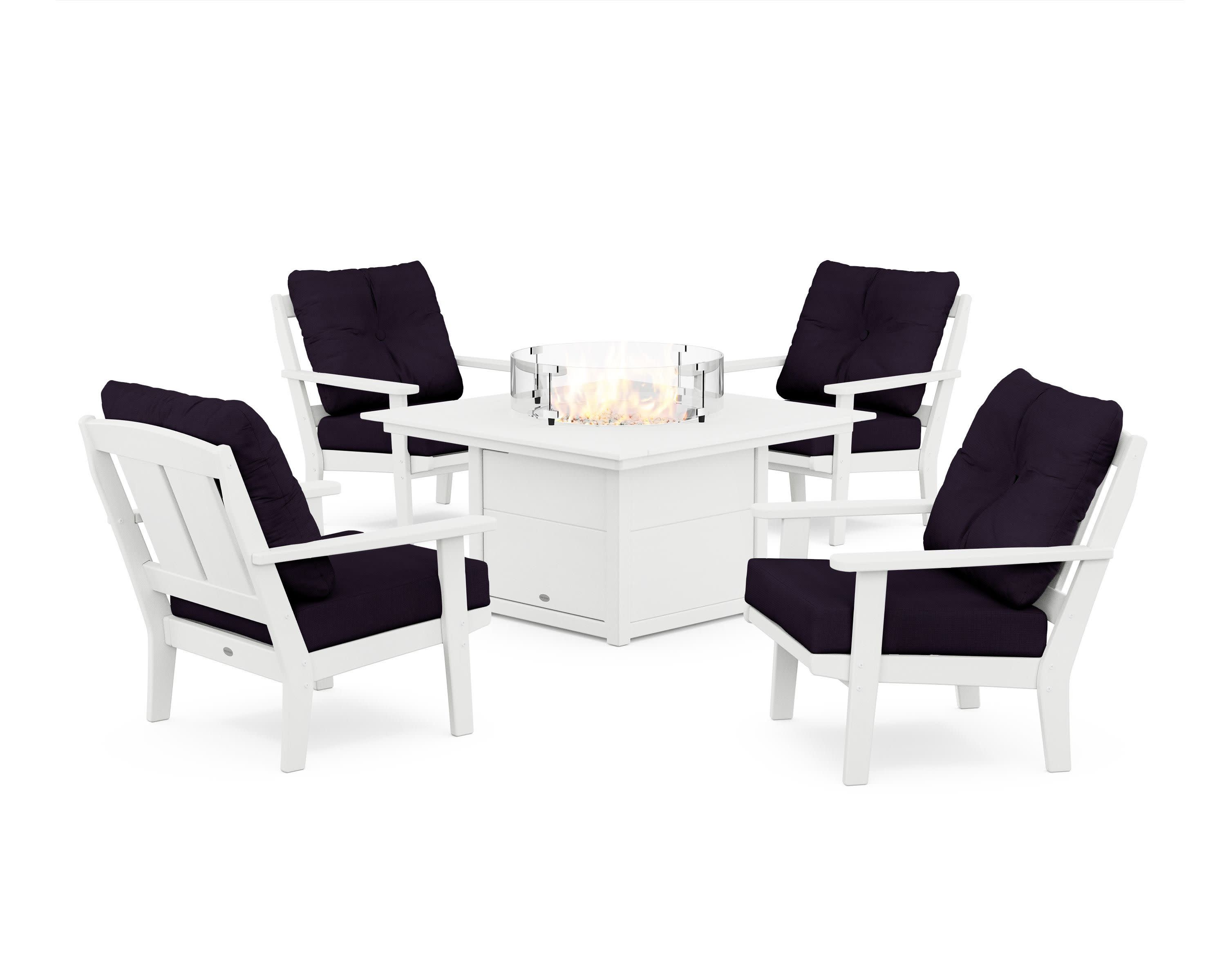 Mission 5-Piece Deep Seating Set with Fire Pit Table in White / Navy Linen
