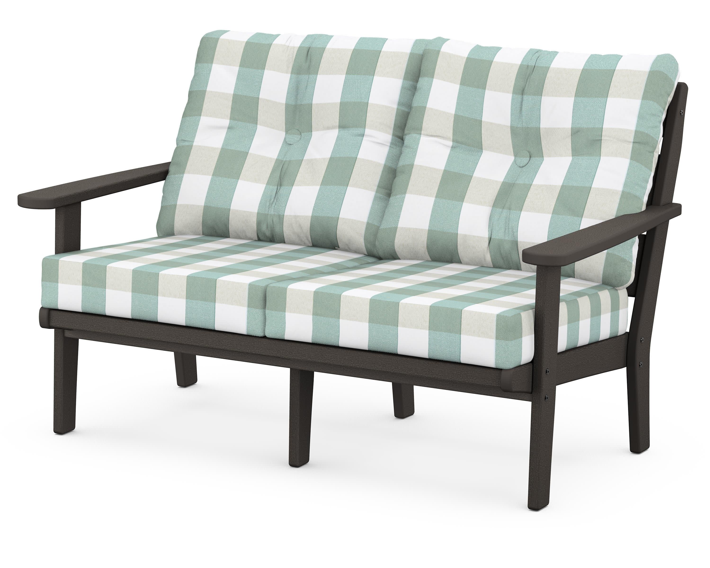 Lakeside Deep Seating Loveseat in Vintage Coffee / Buffalo Plaid Glacier Spa