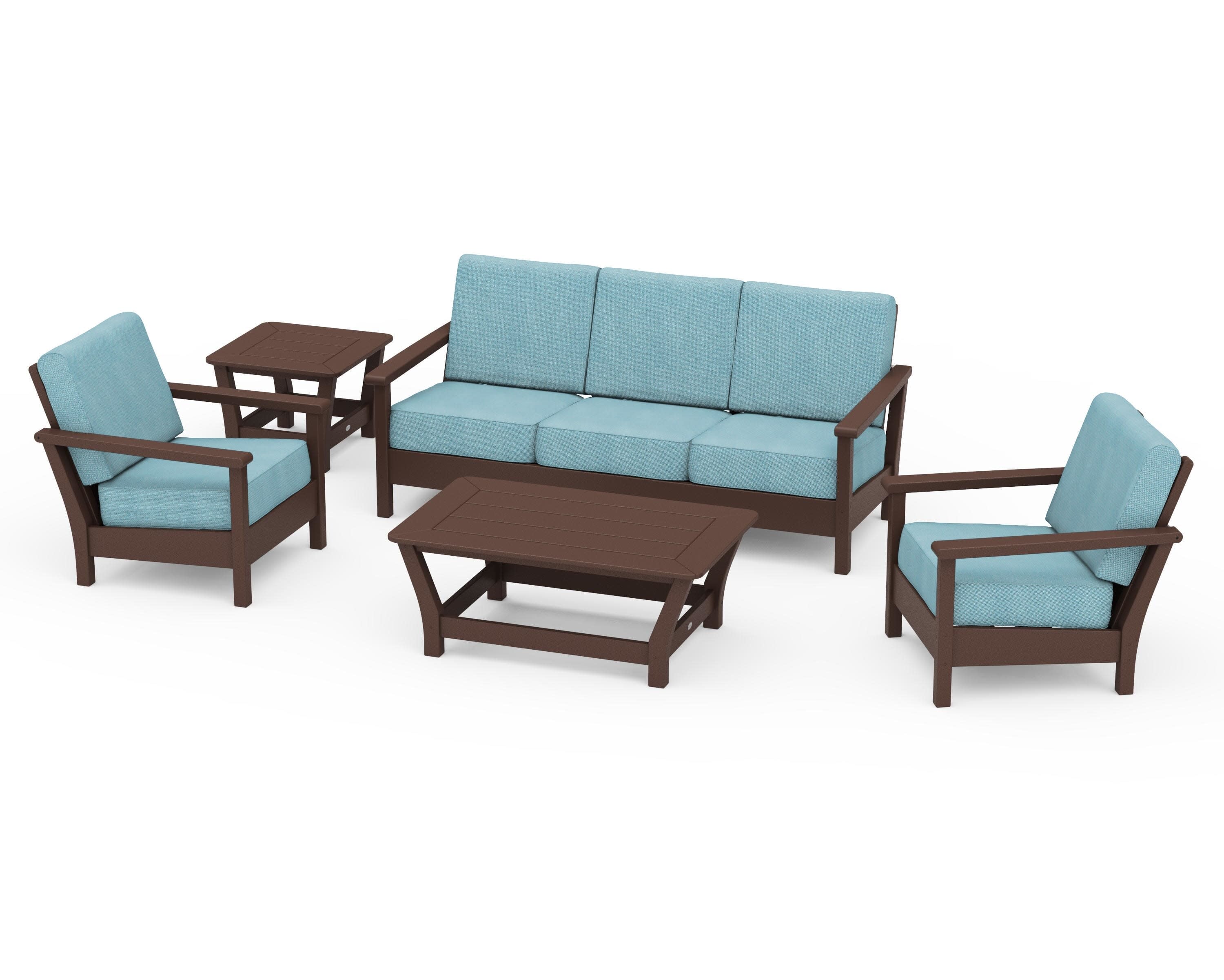Harbour 5-Piece Deep Seating Set in Mahogany / Lattice Sky Blue