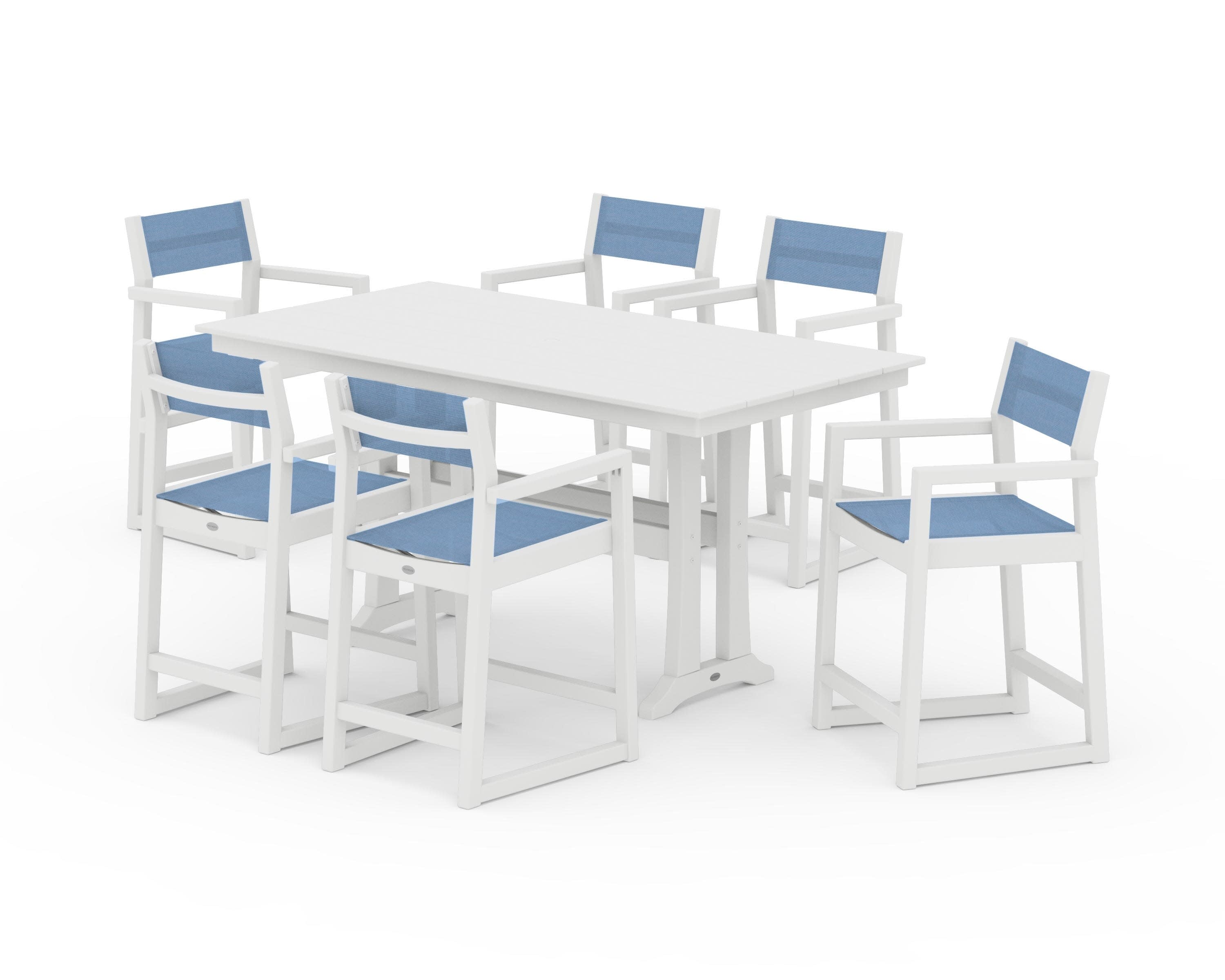 EDGE Sling Arm Chair 7-Piece Farmhouse Counter Set with Trestle Legs in White / Poolside Sling