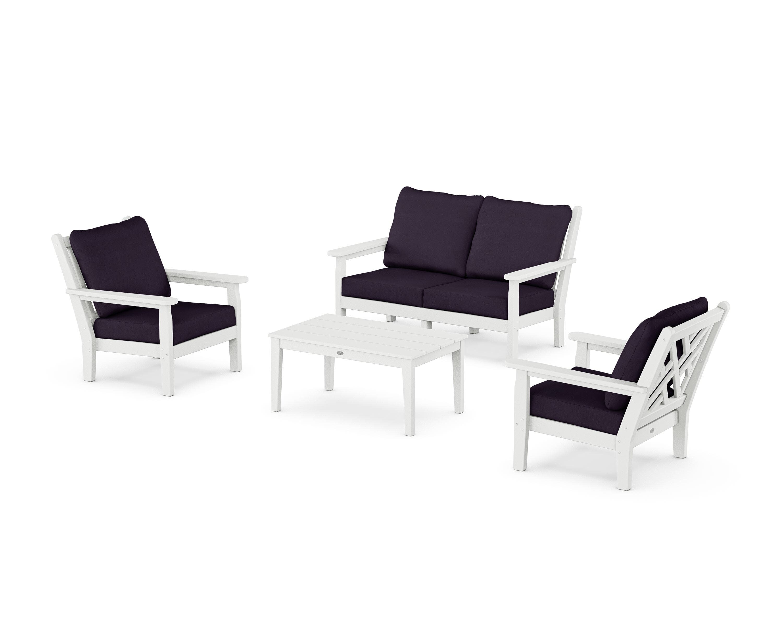 Chippendale 4-Piece Deep Seating Set with Loveseat in White / Navy Linen