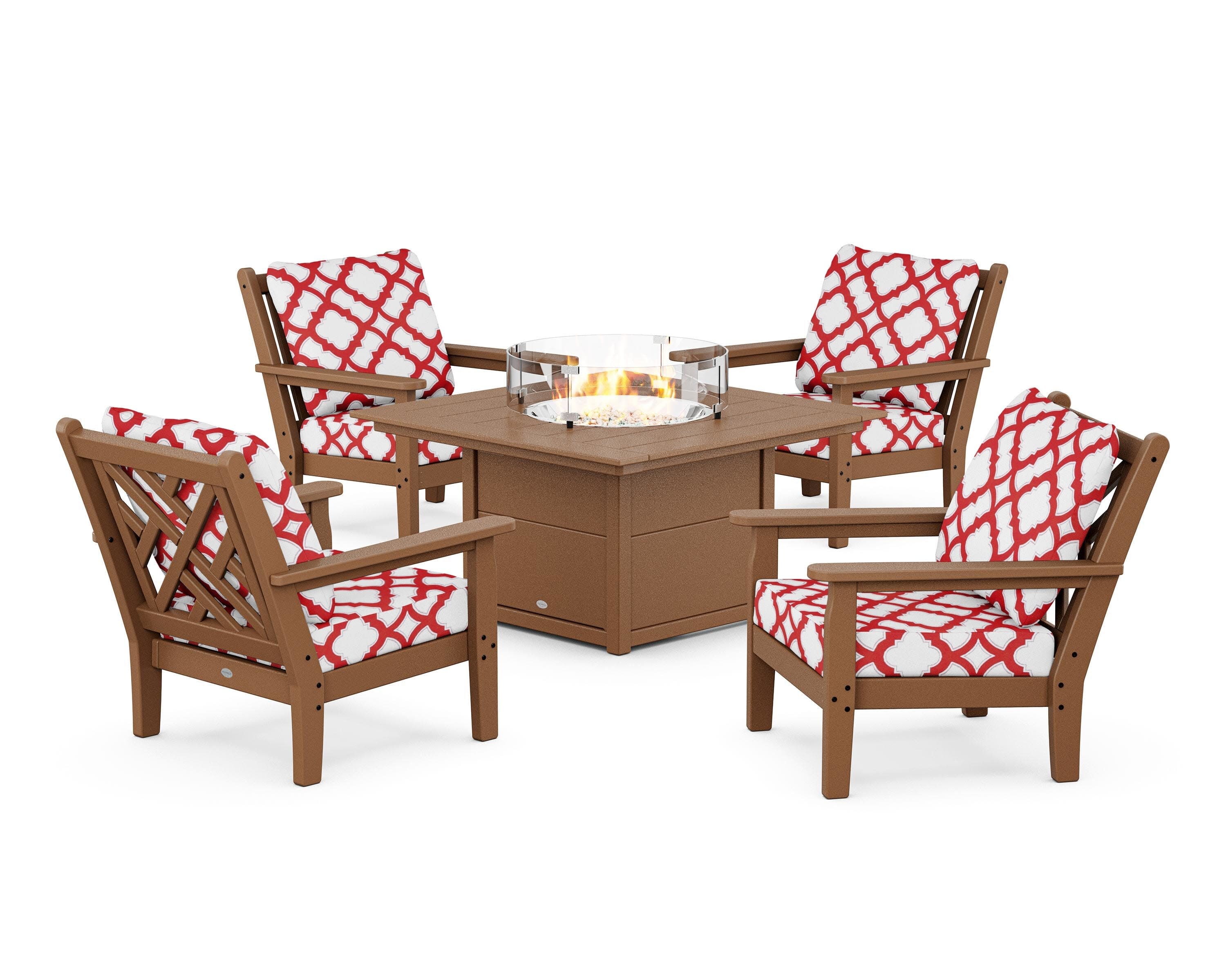 Chippendale 5-Piece Deep Seating Set with Fire Pit Table in Teak / Trellis Crimson