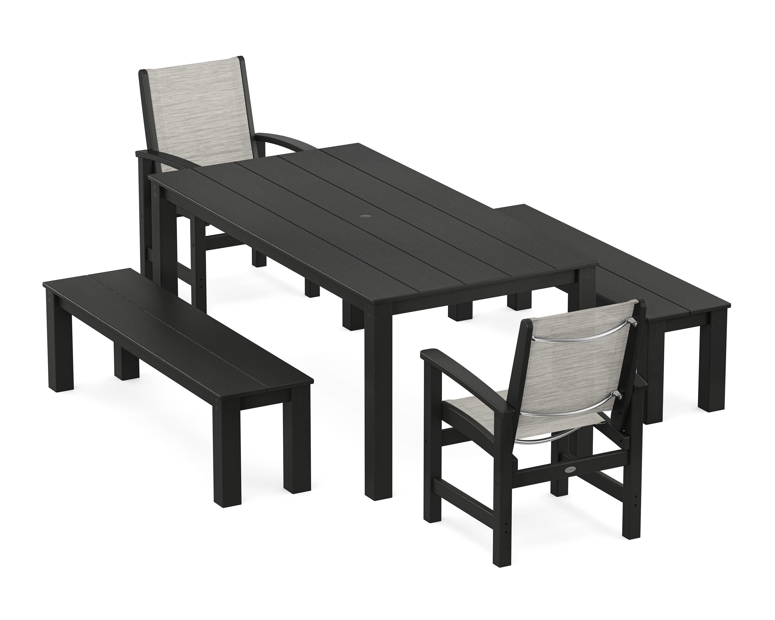 Coastal 5-Piece Parsons Dining Set with Benches in Black / Birch Sling