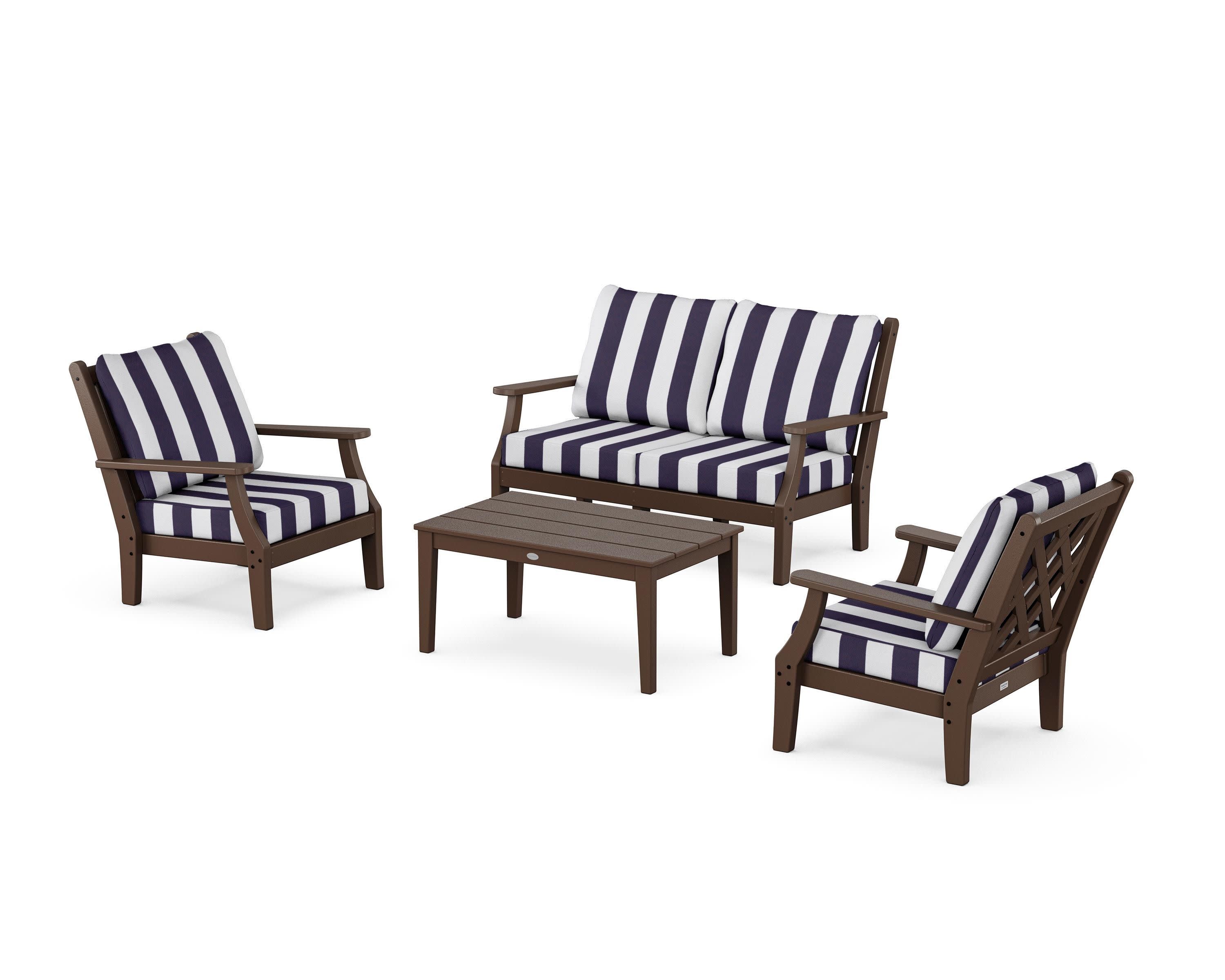 Wovendale 4-Piece Deep Seating Set with Loveseat in Mahogany / Cabana Stripe Navy