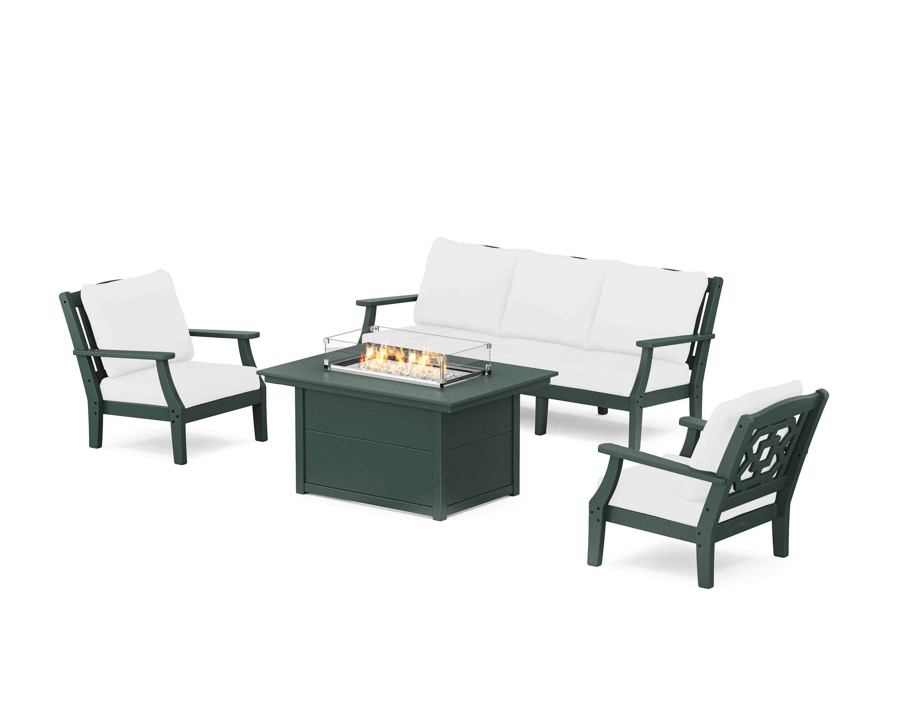 Chinoiserie Deep Seating Fire Pit Table Set in Green / Natural