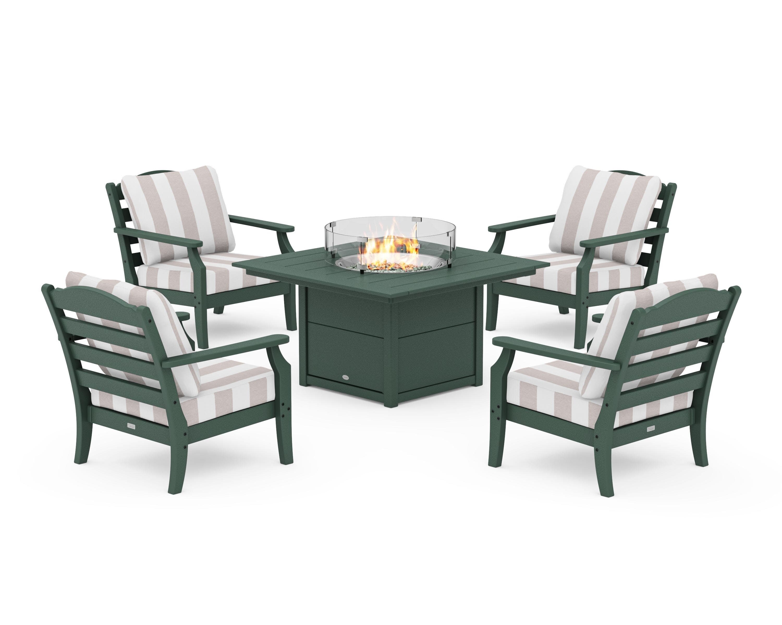 Savannah 5-Piece Deep Seating Set with Fire Pit Table in Green / Cabana Stripe Dune Burlap