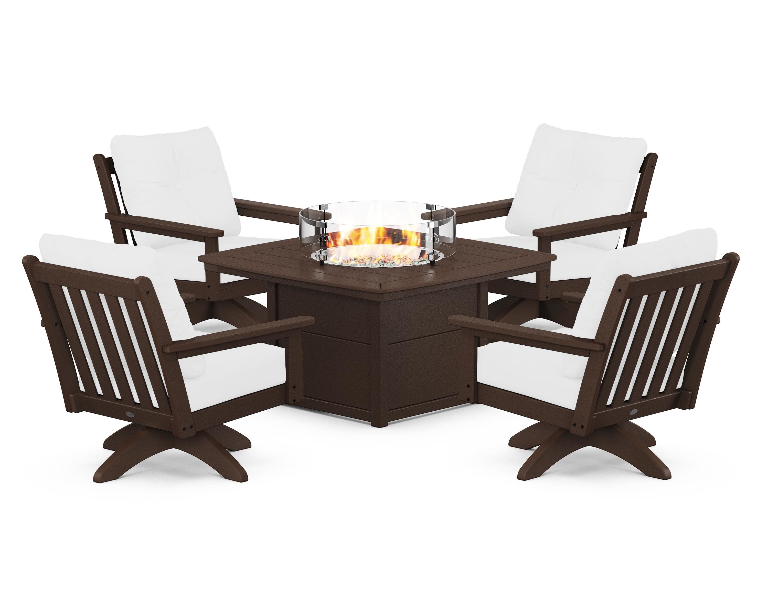 Vineyard 5-Piece Deep Seating Swivel Conversation Set with Fire Pit Table in Mahogany / Natural