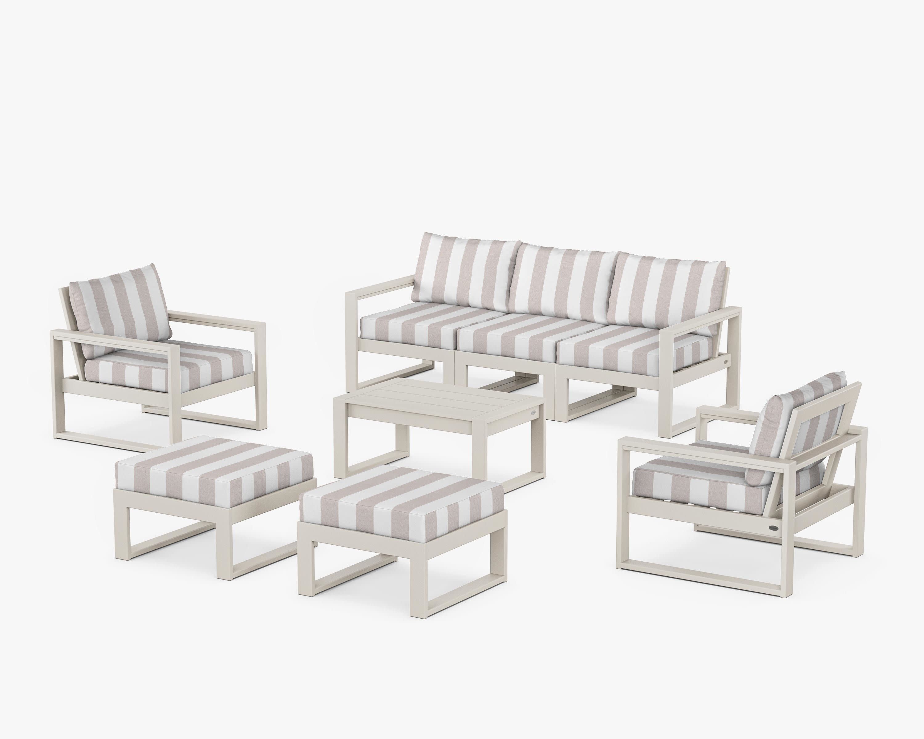EDGE Sectional 8-Piece Lounge Sofa Set in Sand / Cabana Stripe Dune Burlap