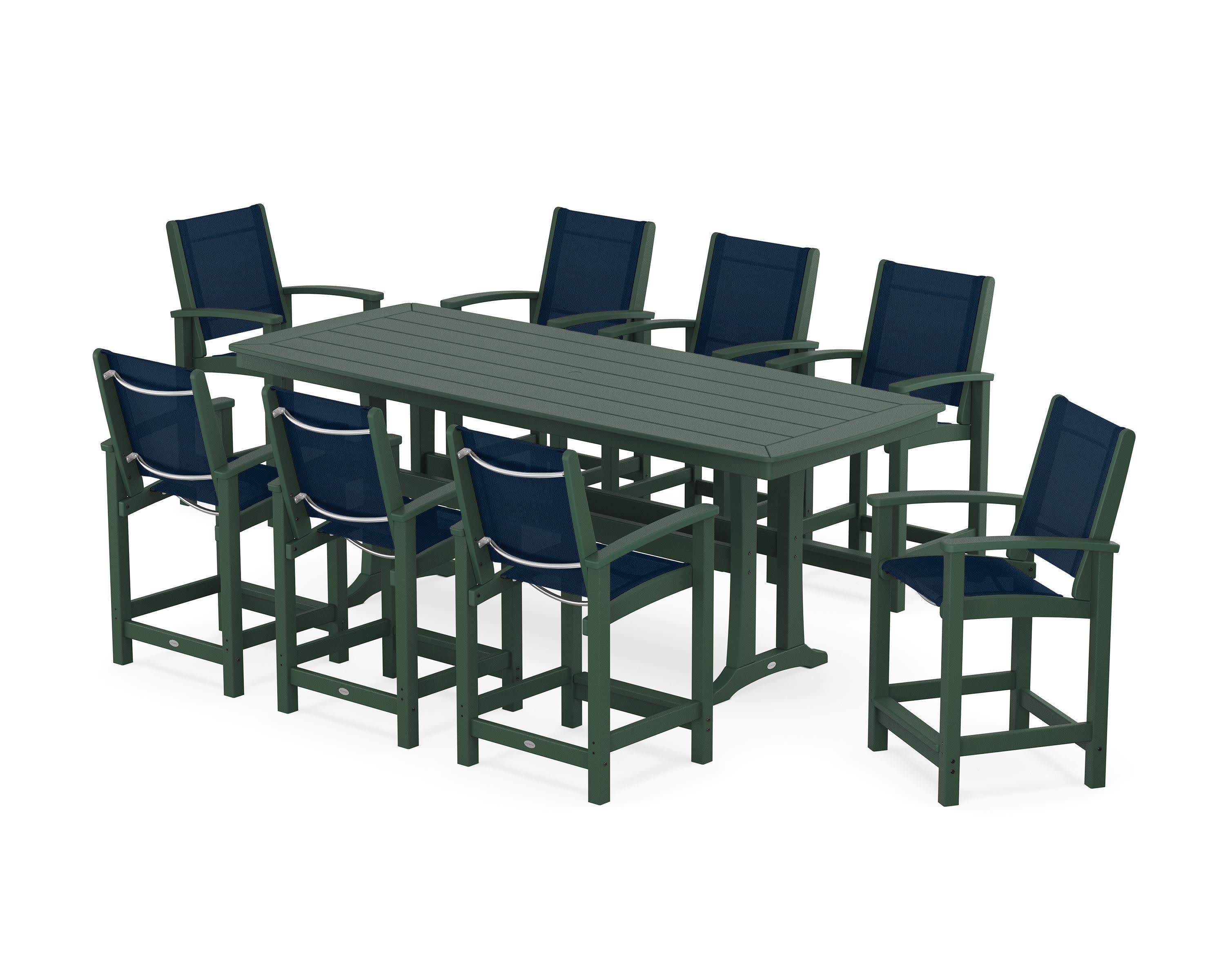 Coastal 9-Piece Counter Set with Trestle Legs in Green / Navy Blue Sling
