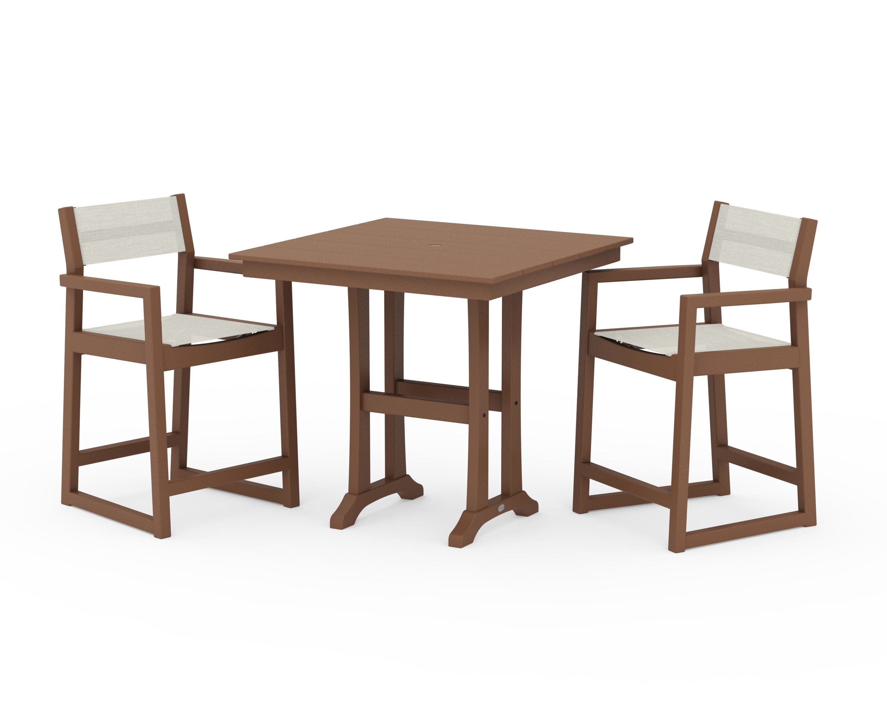 EDGE Sling Arm Chair 3-Piece Farmhouse Counter Set with Trestle Legs in Teak / Parchment Sling
